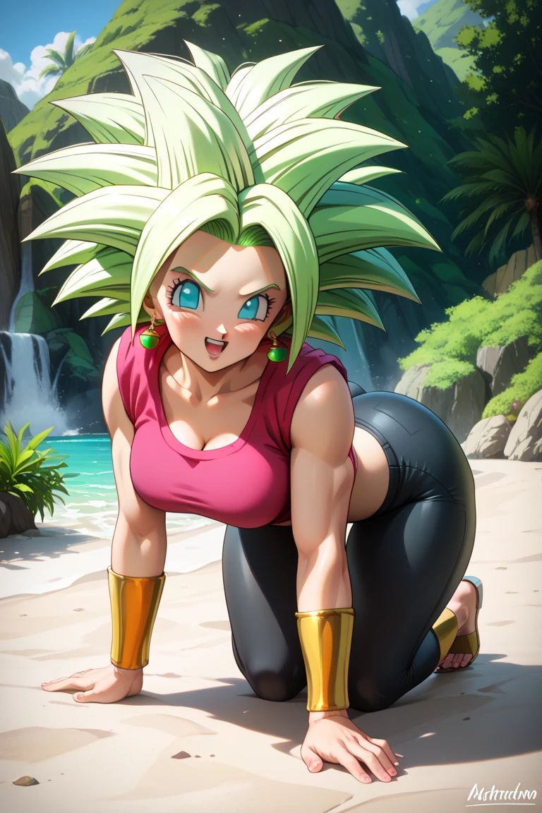(melhor qualidade, obra-prima), cabelo verde, brincos verdes, yoga pants, yoga bra, pele apertada, tonificado, smug, sorriso, kefla, cintura fina, luz de fundo, rosto detalhado, queixo detalhado, perfect hands, radiante, unreal engine, 4k
