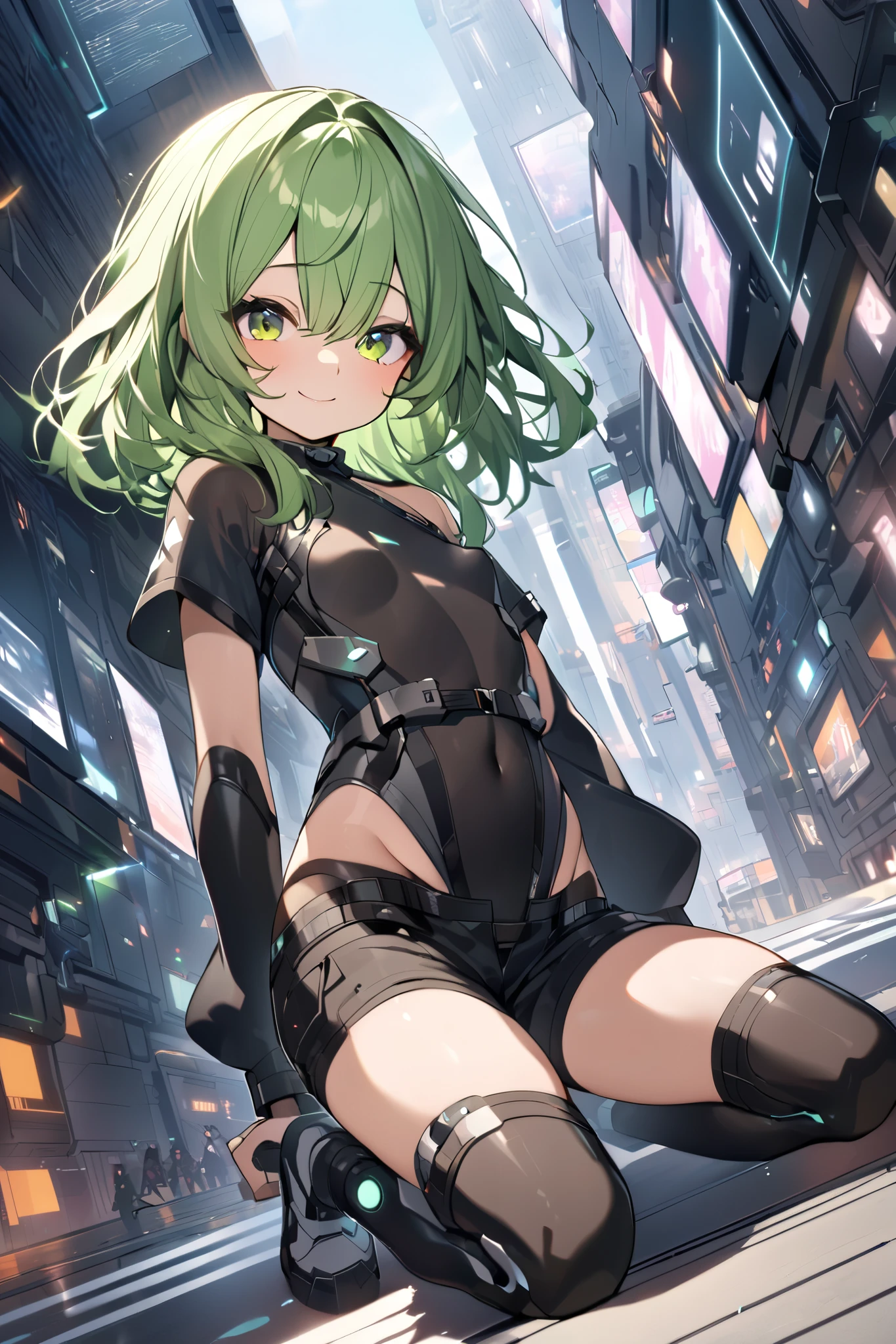 kneeling, 1petit_young_girl, solo, long_shaggy_hair, green_hair, long_bangs,bare_shoulder,short sleeves, (black_bodysuit), black_harness,robot ears, green eyes, very_short_shorts, short sleeves, short over long sleeves, light_smile, in futuristic city, , high quality,crotch, slouch,groin,dynamic_angle,black_hair_band,small_breasts,