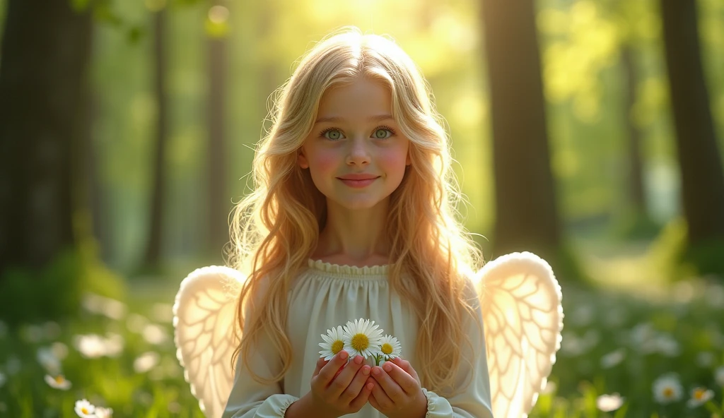delicate, masterpiece, beautiful detailed, colorful, finely detailed, (50mm Sigma f/1.4 ZEISS lens, F1.4, 1/800s, ISO 100, fotograpy:1.1), lens flare, (photorealistic:1.1), detailed lips, intricate details, 1girl, solo, (a beautiful 8-year-old girl), blonde hair with braids, (angel wings:1.4), (white wings:1.2), (symmetrical wings: 1.5), (jewelry:1.5), (necklace:1.2), (diamond:1.3),  bracelet, earrings, choker, (white thighs:1.2), (looking at the viewer:1.2), sexy pose, erotic pose, front view, (innocent smile:1.3), (covered, (on a field background of flowers:1.5), sky, (detailed background), (blurred background:0.8), (white flower:1.3), (pureerosface_v1:0.85), --auto --s2