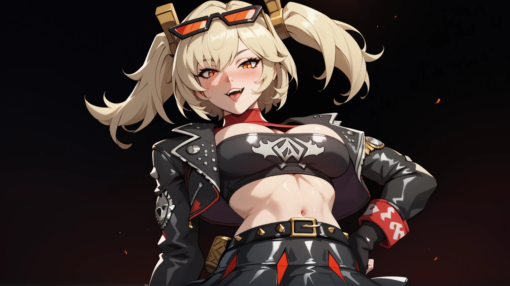 1 women, Burnice white, Zenless zone zero, big boobs, blush, naughty face, High resolution, body masterpiece, Precise, detailed eyes, blonde hair, orange eyes, two side up, short twintails, hair ornament, eyewear on head, sunglasses, goggles,

Default Outfit:
crop top, tube top, black jacket, black thighhighs, cropped jacket, red shirt, cleavage cutout, long sleeves, belt, black skirt, red wrist cuffs, red thigh strap, fingerless gloves, miniskirt, midriff, turtleneck,