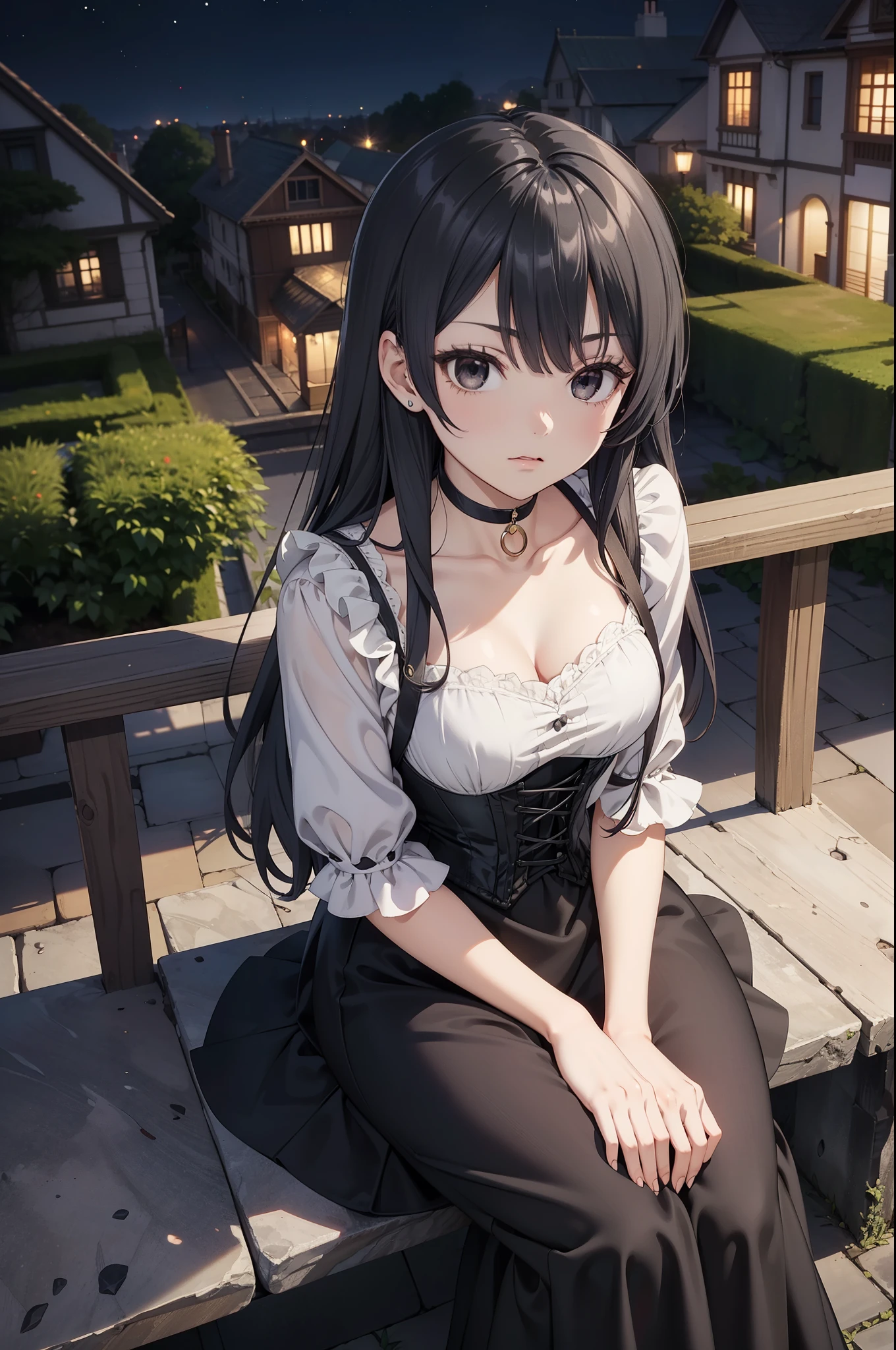 Masterpiece, Anime Style, A young girl, sitting on a stone bench , (View from above). pretty face, expressionless expression, long black hair, detailed eyes, black eyes, choker : 1.6, ((Victorian style dress in red and white)), corset, (long skirt), self-critical , greenish garden, at night