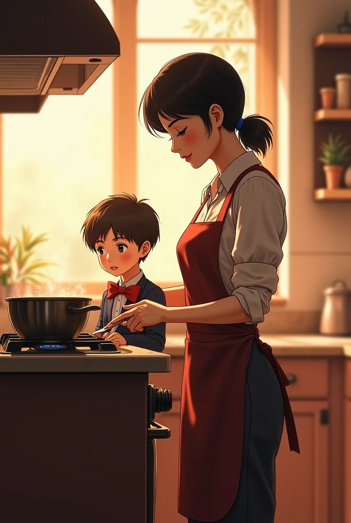 Little boy and mother in a simple rural family,His intimacy with his mother,The picture is warm。