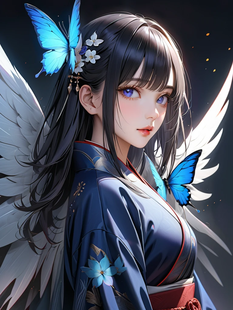 HDR, 8K, high contrast, masterpiece, best quality, amazing quality, realistic, very aesthetic, high resolution, ultra-detailed, absurdres, smooth skin, Photorealistic portrait, beautiful half woman half butterfly, blue and silver butterfly wings, marks on skin, half human, big wings, blue eyes, blue pupils, beautiful facial features, violet black hair, wearing ancient Chinese robe, non human female, giant wings