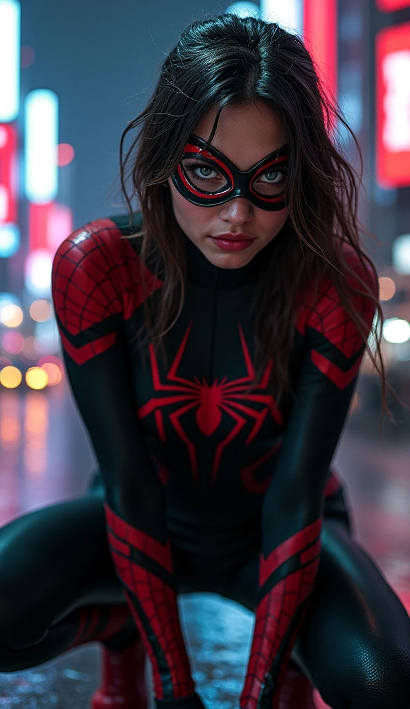 Create an ultra-realistic and highly detailed of a Spider-Woman. She must have a modern and elegant superhero costume, with a spider-themed design, combining the colors black and red with subtle metallic details. The costume must have an organic texture, similar to spider silk. The mask covers half of the face , revealing intense and bright eyes, with a determined expression. Include realistic spider web patterns in the costume and in the background portrait. The background must be a dark urban landscape at night, with neon lights reflecting on wet asphalt . Add dynamic elements, like her shooting a web around her wrist or crouching on the edge of a skyscraper. Focus on intricate details , like the texture of the costume, the brightness of the eyes and the depth of the environment. Use cinematic lighting with dramatic shadows and highlights to increase realism."