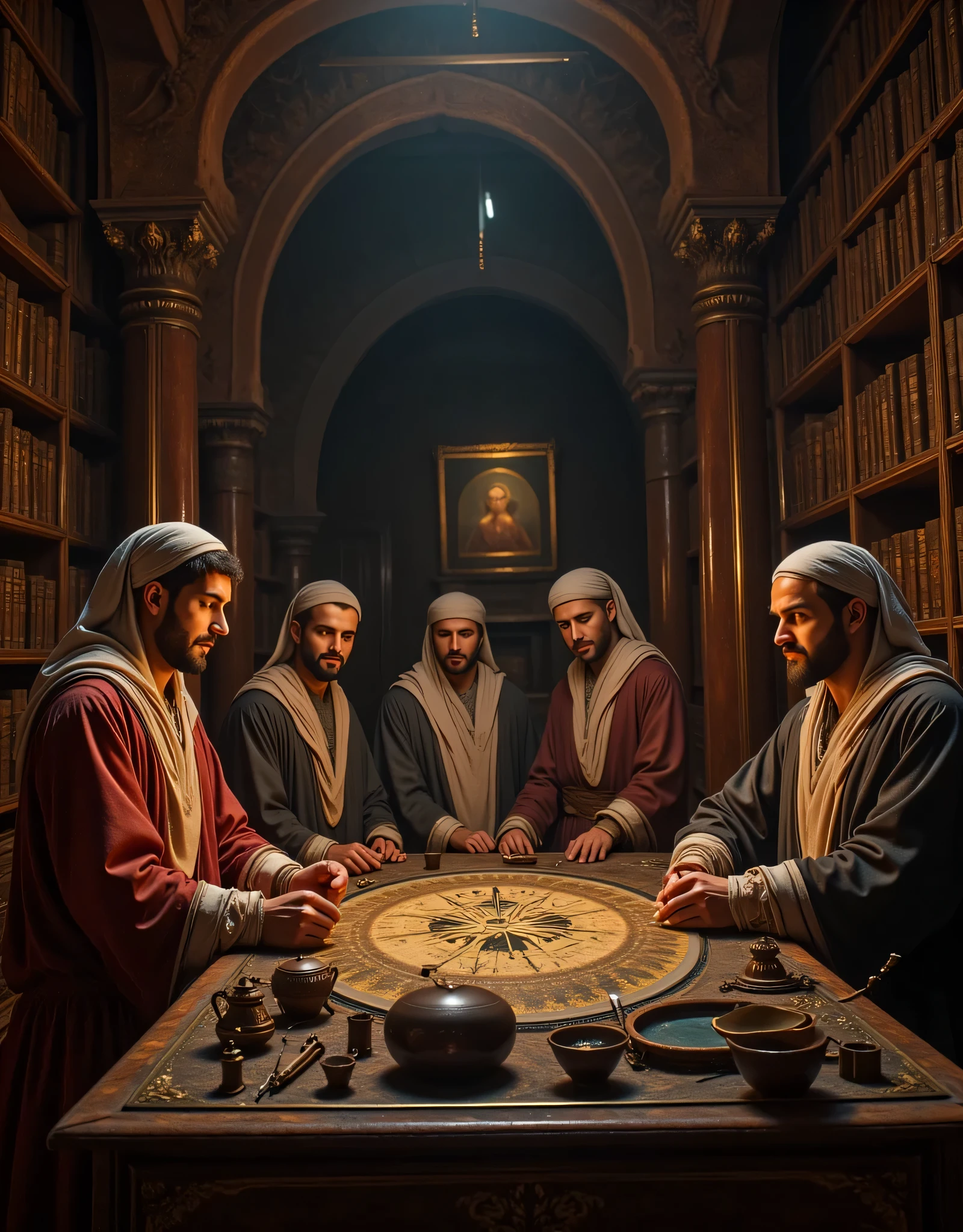 **Prompt:** Create a hyper-realistic wide-angle image set in a medieval Islamic laboratory, showcasing a group of intricately detailed Arabic physicists deeply engaged in their research. The scene features a variety of ancient astronomy miniatures, ancient astrolabe, on the table, highlighting their scholarly pursuits. The physicians, dressed in traditional medieval Arabic robes, are captured in a moment of lively discussion and scientific debate. Use a center composition with leading lines to guide the viewer's eye through the intricacies of the laboratory, which is filled with bookshelves of scientific texts in the background. Implement mixed lighting to create an engaging atmosphere, and focus on realistic, lifelike textures that reflect the mastery of their craft. Aim for a cinematic quality that resembles award-winning documentary photography, ensuring the depth of field enhances the rich details in this UHD ambience.