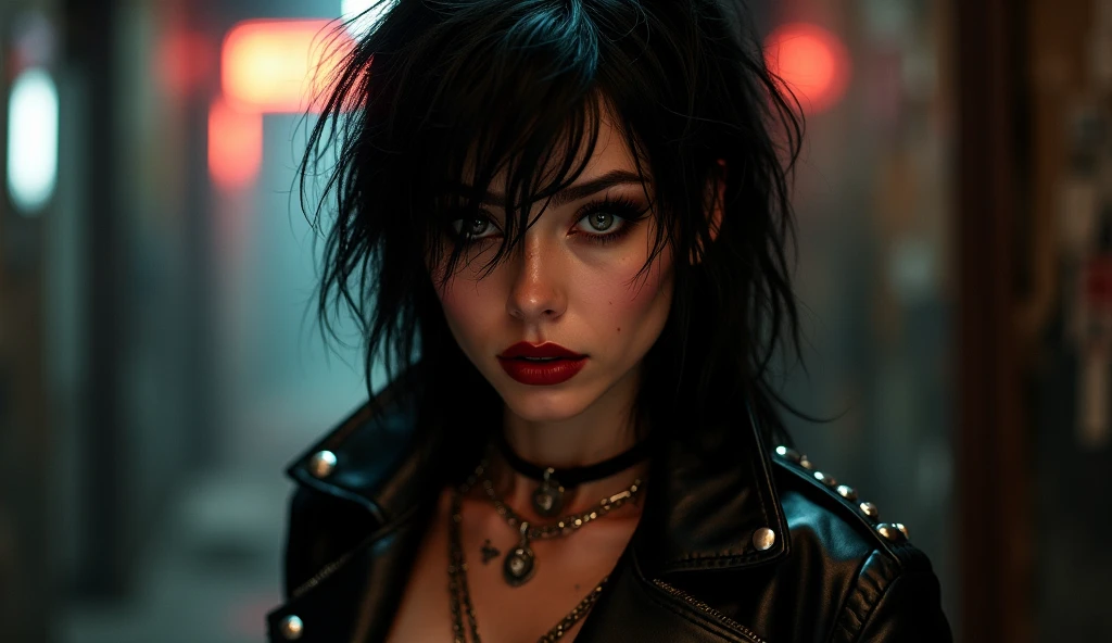 masterpiece, best quality, highly detailed,1girl, covering mouth with hand, emo hairstyle, shy smile, messy hair, big breasts, adult, split-color hair, black and white hair, eye shadow, black lipstick, street at night, neon lighting