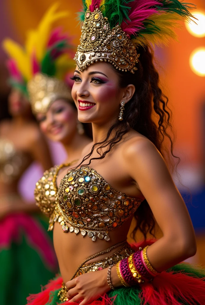 (a woman:1.1,two women,cute face:1.1,two 20-year-old girls,brazilian:1.1,fit bodies:1.1,naked,diadem:1.1,beautiful brunette hair,medium-sized breasts,carnival street:1.1,masterpiece:1.2) in a vibrant carnival street scene. One woman stands in the foreground, her face adorned with a delicate diadem, showcasing her beautiful brunette hair. She has a cute face with detailed eyes and lips, radiating youthfulness. Her fit body is on display, as she stands confidently, naked and proud. Beside her, another woman of the same age and stunning Brazilian heritage complements her as they engage in an intimate act of "doble penetracion por detras." The atmosphere is filled with the joyful spirit of the carnival, with colorful decorations and energetic crowds in the background. The scene is meticulously detailed, with an ultra-realistic depiction of their bodies, capturing every curve and muscle with extreme precision. The artwork is a true masterpiece, with vivid colors, sharp focus, and physically-based rendering techniques bringing the scene to life. The scene is bathed in vibrant, warm tones, enhancing the lively and energetic atmosphere. The lighting is carefully designed, with studio lighting illuminating the scene, accentuating the contours of their bodies and bringing out their natural beauty. This prompt generates a high-resolution, 4K or 8K image that showcases the raw beauty and sensuality of the two women, capturing a passionate moment in the midst of a joyful celebration.