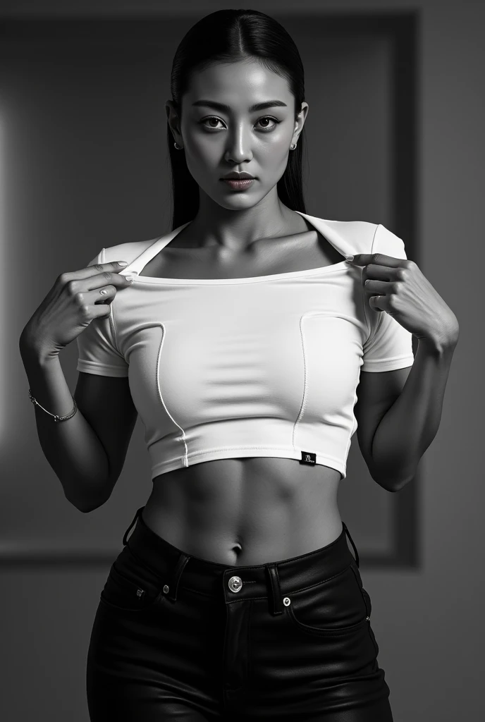 "A striking erotic , ultra sexualized black and white portrait photo of an exceptionally tall and imposing woman incredibly fit woman j!h, zyo , with a sculpted, muscular physique. She stands with super broad shoulders and a defined, statuesque frame, exuding power and elegance. Her face is structured with sharp jawlines, high cheekbones, and an intense, piercing gaze. Her full lips are slightly parted, and her eyes hold a captivating, enigmatic expression. Her wet, slicked-back hair frames her symmetrical facial features, emphasizing the contrast between light and shadow. Her toned arms and chiseled abdominal muscles are subtly flexed as she lifts her fitted, cropped white t-shirt, revealing a sculpted midsection. Her athletic build, strong obliques, and prominent collarbones add to the visual intensity of the shot. The smooth skin texture is accentuated by soft yet directional lighting that highlights every muscle contour and anatomical detail. The monochrome color palette enhances the dramatic effect, bringing out the contrast between her body and the dark, blurred lower section of the frame. The minimalist background keeps the focus entirely on her powerful presence. The photograph is a fine art-style editorial shot, evoking themes of strength, confidence, and raw femininity, where the interplay of light and shadow sculpts her form into a masterpiece of fitness and grace."