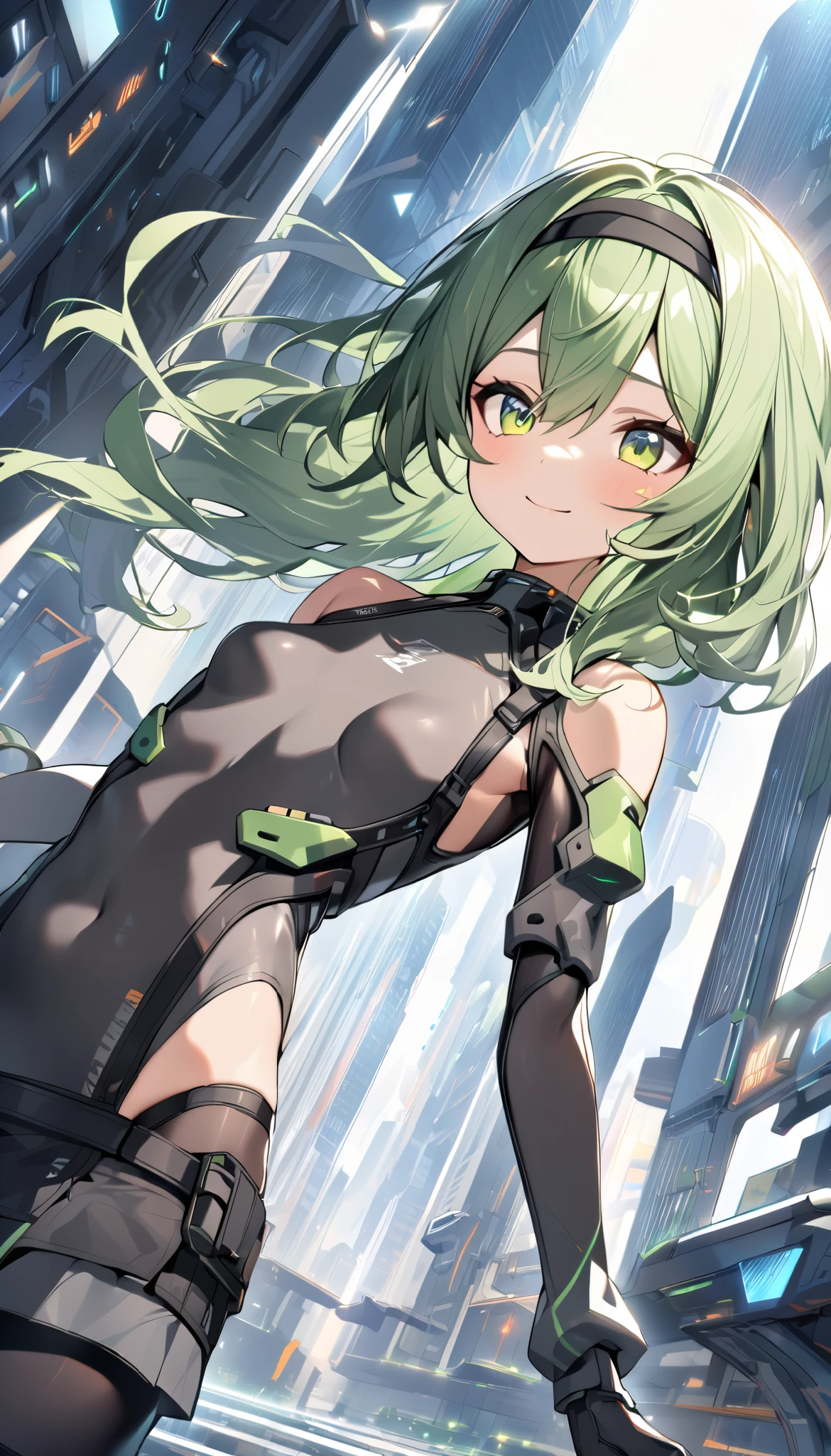  ung_girl, solo, long_shaggy_hair, green_hair, long_bangs,bare_shoulders,short sleeves, (thin_gray_bodysuit), black_harness, green eyes, very_short_front_cutout_skirt, dettached_long_sleeves,gloves, light_smile, in futuristic city, , high quality,crotch, slouch,groin,dynamic_angle,black_hair_band,small_breasts,