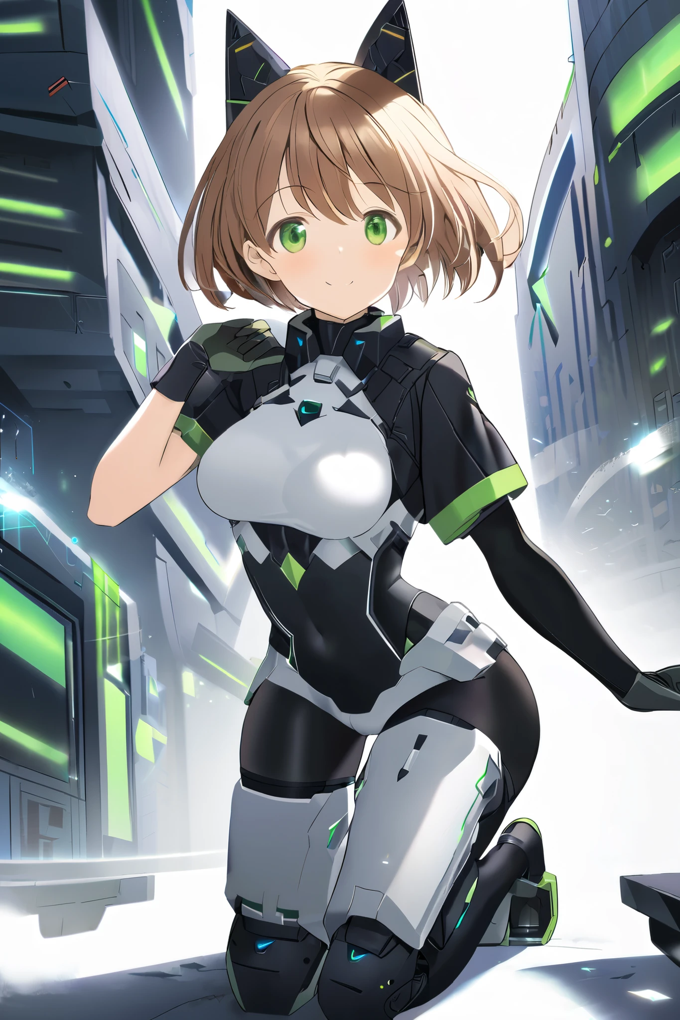 aile_megamanzx, kneeling with one hand on the ground and the other arm raised, 1girl, solo, short hair, brown hair, short sleeves, (bodysuit), robot ears, green eyes, very_short_shorts, short sleeves, short over long sleeves, smile, in futuristic city, , high quality, medium_breasts,crotch, slouch,groin,dynamic_angle