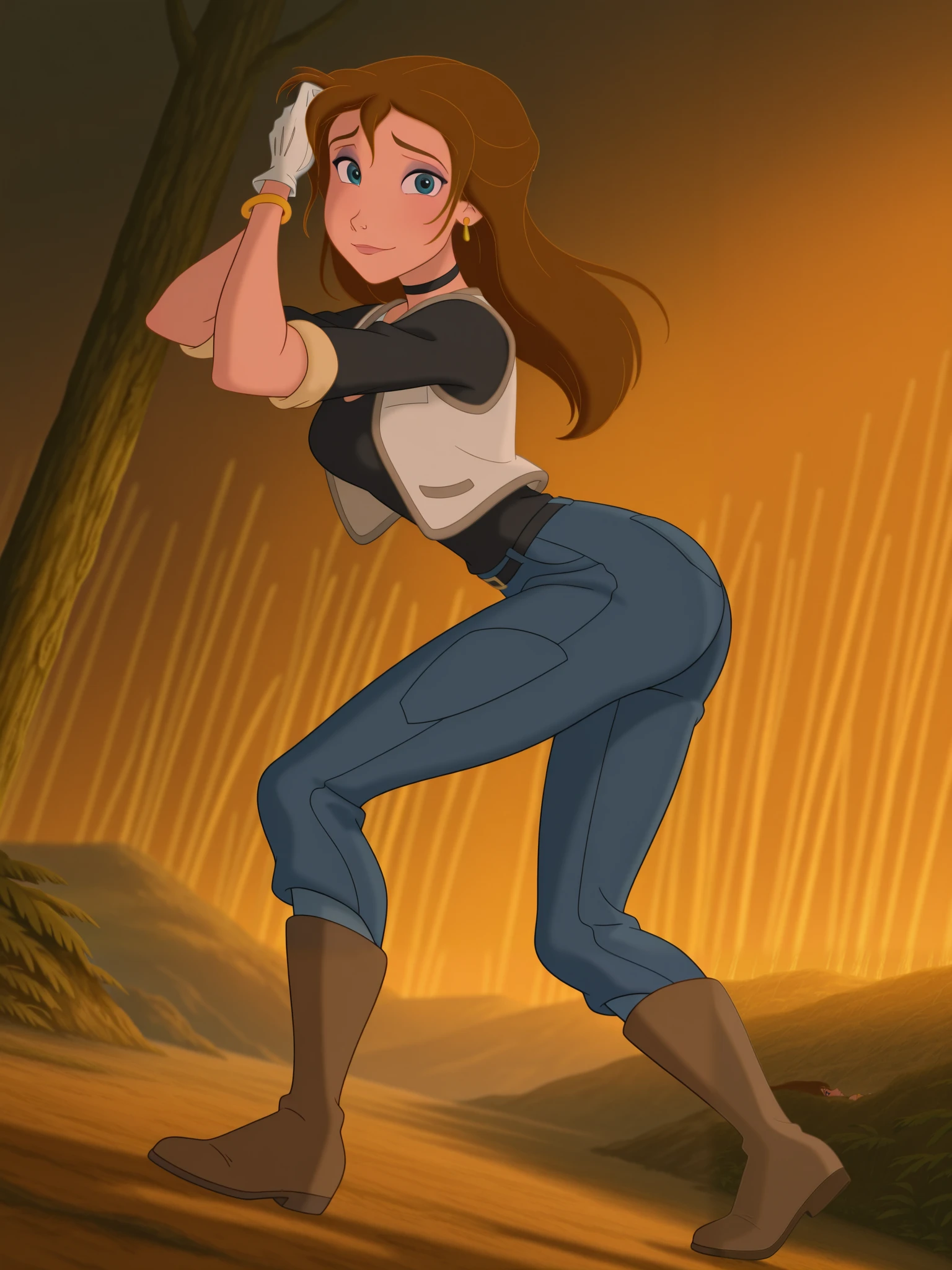 (anime screencap:1.2), background, 1girl, medium breasts, (JaneXL:1.1), long hair, brown hair, blue eyes, makeup, light smile, dutch angle, shy pose, shy, looking at viewer, daylight, portrait, dynamic pose, from side, one hand on hair, black t-shirt white vest, black belt, blue pants jeans, black knee thigh high boots, yellow earring, white gloves, yellow bracelets, full body, black choker