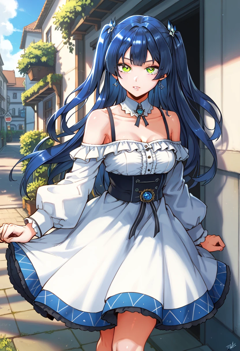 Yoshino Astral Dress、Long Hair、blue eyes、ribbon、Hair between the eyes、Blue Hair,(cropped:1.5),Off the shoulder,Shorts,Fishnet tights,(Perfect hands),(Perfect Anatomy),(masterpiece),(highest quality),Embarrassed,blush,library