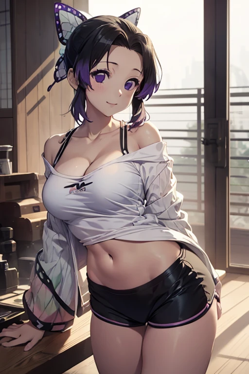 highest quality, Highly detailed CG Unity 8K wallpaper, sexy 、purple hair、yuzuriha、medium breasts, Pose that emphasizes the chest, in room, happy face, sexy clothes, open chest, detailed face ,