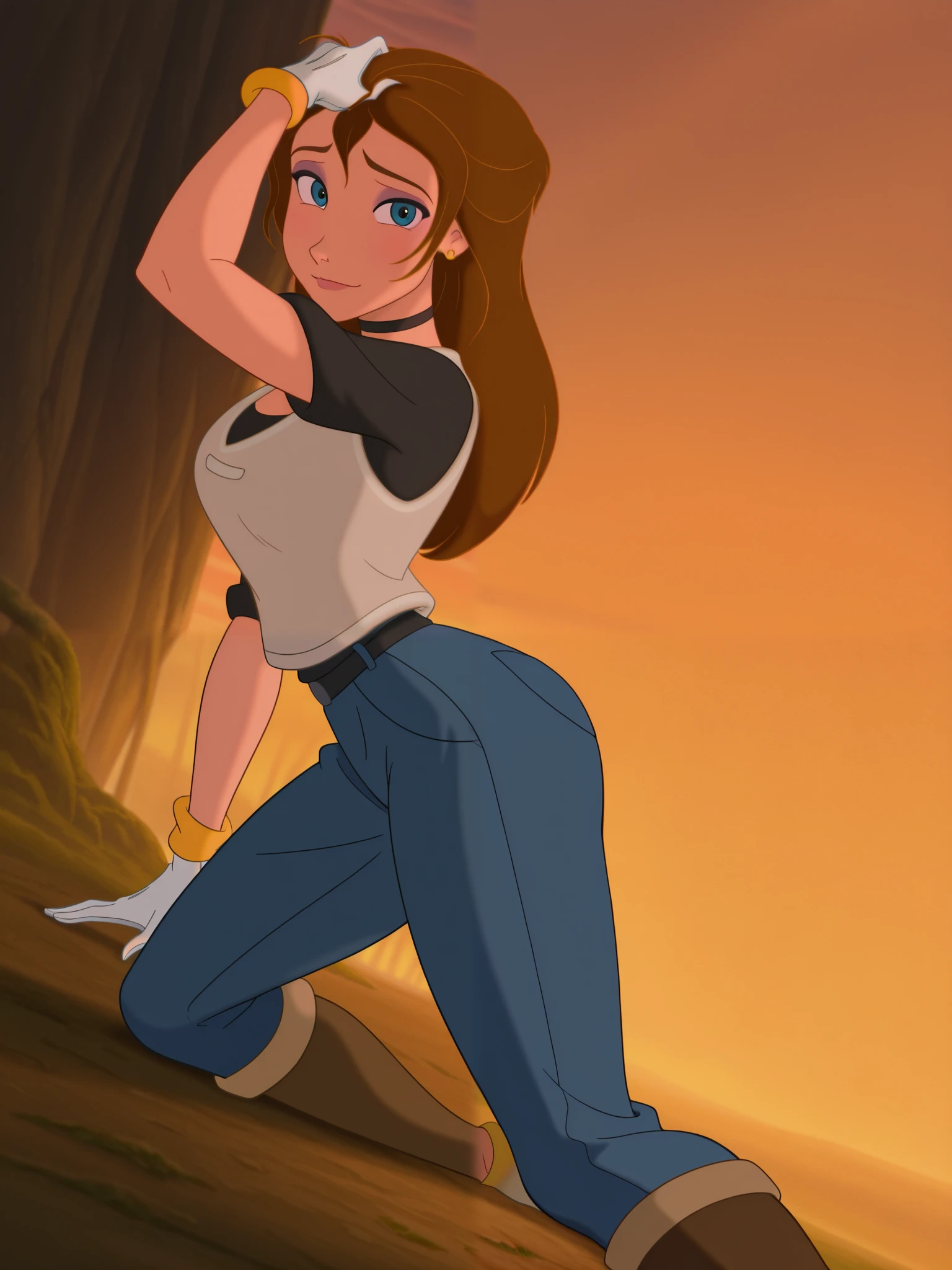 (anime screencap:1.2), background, 1girl, medium breasts, (JaneXL:1.1), long hair, brown hair, blue eyes, makeup, light smile, dutch angle, shy pose, shy, looking at viewer, daylight, portrait, dynamic pose, from side, one hand on hair, black t-shirt white vest, black belt, blue pants jeans, black thigh high boots, yellow earring, white gloves, yellow bracelets, full body, black choker