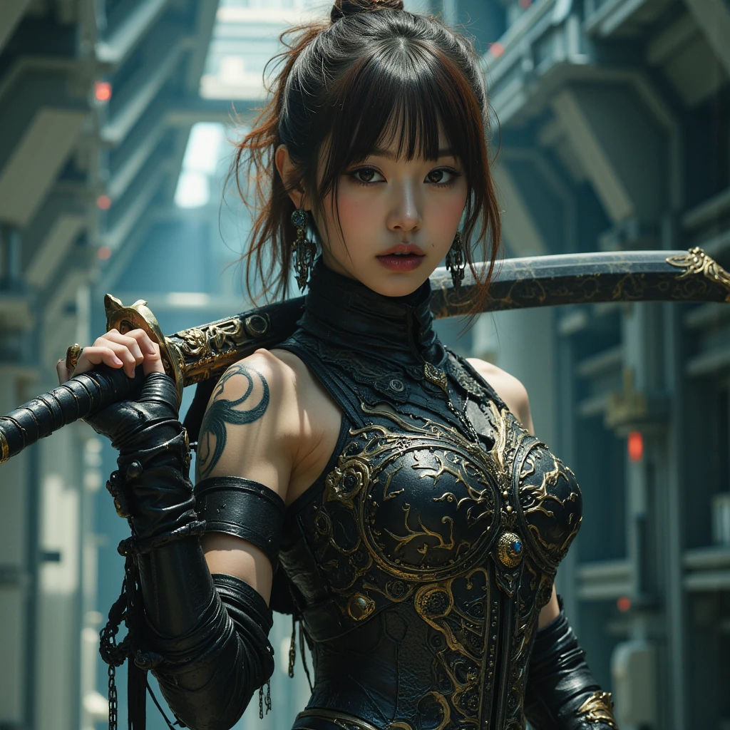 (Masterpiece, Best Quality: 1.2), (8K UHD, 16K, 32K, Ultra High Resolution), (Photorealistic: 1.37), (RAW Photo), Ultimate Reality, Ultimate Realistic Detail, Ultimate Realistic Texture , extremely intricate details (mechanical armor fused with a snail), power pipes, easy to understand, extremely intricate details, Japanese female soldier wearing mechanical armor, extremely cute face, extremely beautiful face, realistic, Full body shot, shot from the dawn of a secret base, cyberpunk