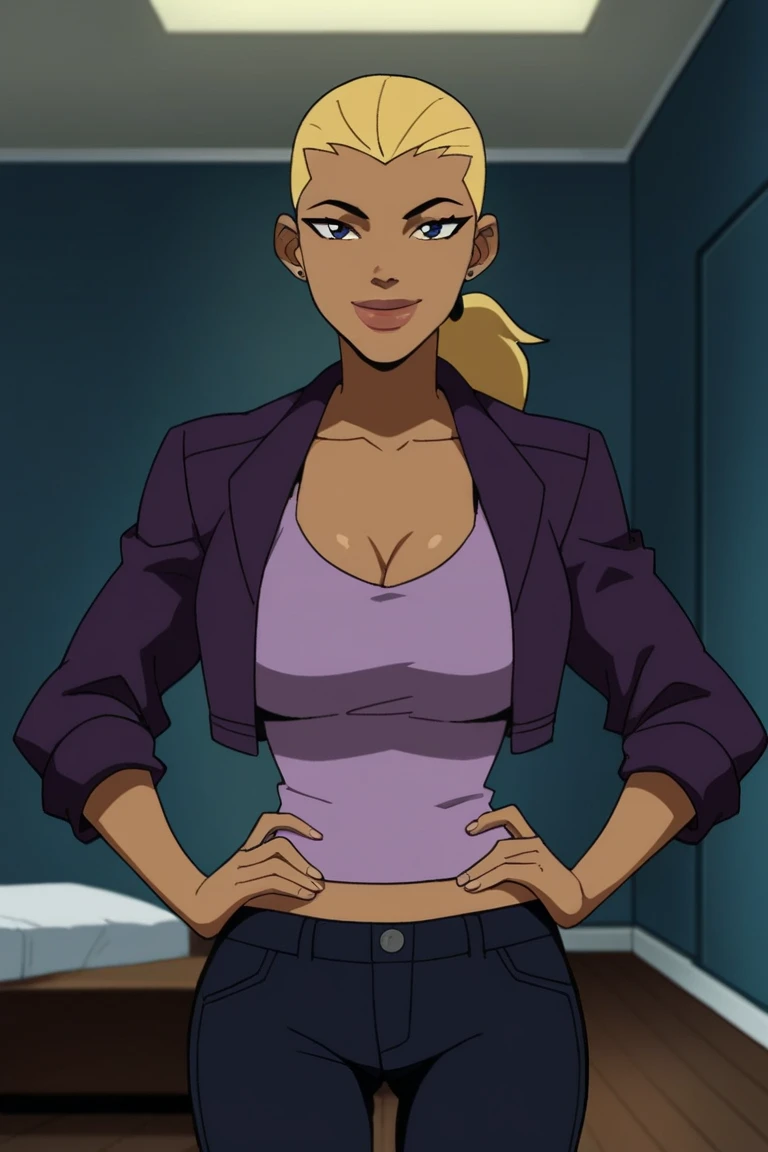 score_9, score_8_up, score_7_up, source_cartoon,artemis, blonde hair, ponytail, big lips, dark skin, large breasts, light purple racerback tank top, black jeans, light purple bomber jacket, BREAK standing, smile, closed mouth, confident expression, looking at viewer, solo, front view, face focus, indoors, bedroom, best quality, high quality, open jacket, long sleeve, hands on hips 