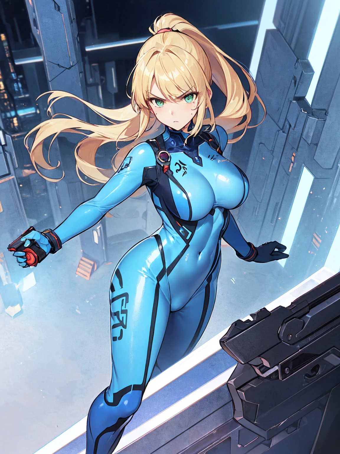 absurdres, best quality, 1girl, solo, eye focus, looking at viewer, <lora:samus-nvwls-v1:0.9>, samus aran, ponytail, hair tie, blue gloves, blue bodysuit