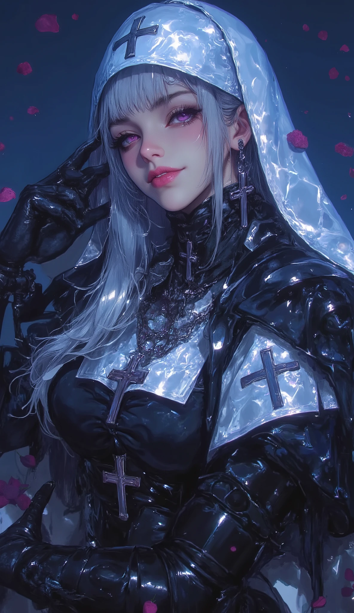 1girl, solo, (long silver hair), detailed face, mischief expression, smirk, pale white skin, purple eyes, (detailed eyes), long eyelashes, black eye liner, red lipstick, black tunic, (silver hoodie cloak), long dress, leather glove, (chest armor), (standing pose) moonlight, hard lighting, blue light, cold light, ((rose pedals falling)), (medieval theme), (masterpiece), super detailed, best quality, POV, 4k , detailed face , detailed eye