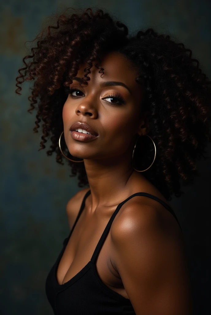 (best quality,highres),beautiful black woman with gorgeous curves,sitting on a stylish chair,arms crossed,vibrant colors,soft lighting,artistic portrait,contemporary style,luxurious texture,ultra-detailed,fine art painting,earth tones,bokeh,smooth skin,long and curly hair,expressive eyes,pouty lips,confident expression,captivating gaze,cheekbones,beautiful complexion,creative lighting effects,modern background,striking composition,subtle elegance