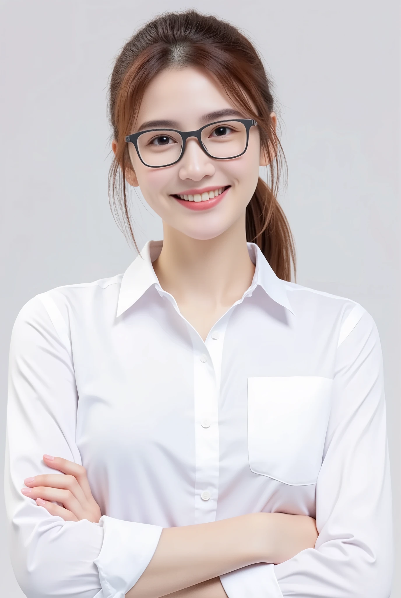 A caucasian woman , 23 years old, with brown hair in a ponytail , wearing glasses and a white shirt , smiling with her arms crossed in a transparent background