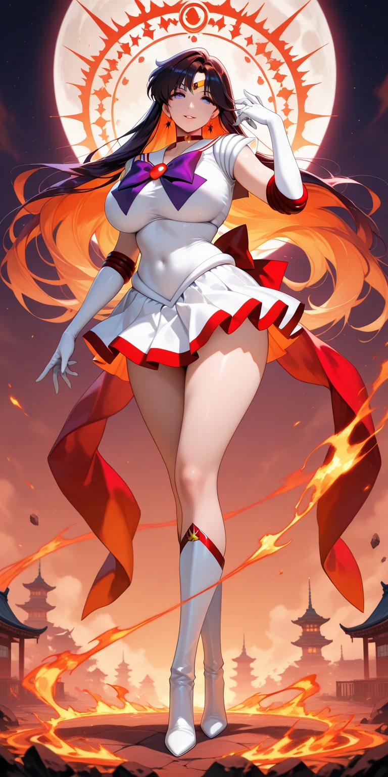 (((1 girl))) short hair, earings ,glossy lips ,team rocket uniform, red letter R, white skirt, white crop top, black thigh-high boots, black elbow gloves, evil smile, looking at viewer, cowboy shot, arms crossed, full body photo Mercedes von Martritz (Fire Emblem: Three Houses)