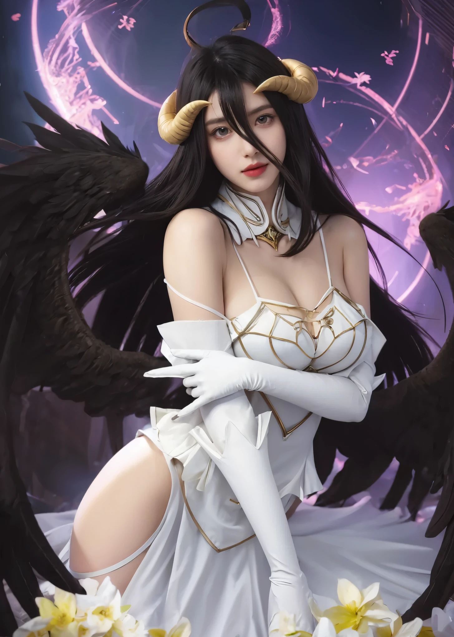 ,black dress, 1girl, solo, red eyes, argyle legwear, smile, wings, argyle, looking at viewer, cleavage, huge breasts, feathered wings, black wings, standing, hand on hip, navel
starry sky, black hair, horns, kashino, <lora:KashinoV2:0.75>,purple eyes, <lora:AkumaHomuraBlackDress:1>,
black gloves,