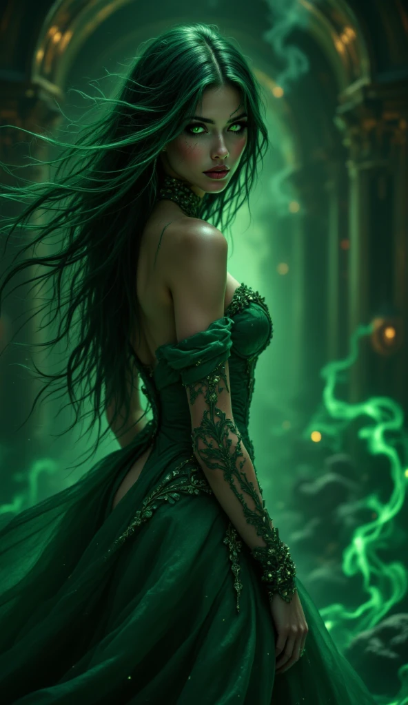 Beautiful adult woman with green hair and green eyes with perfect anatomy, Ancient Greek clothing in black color besieged in the Greek Underworld anime style