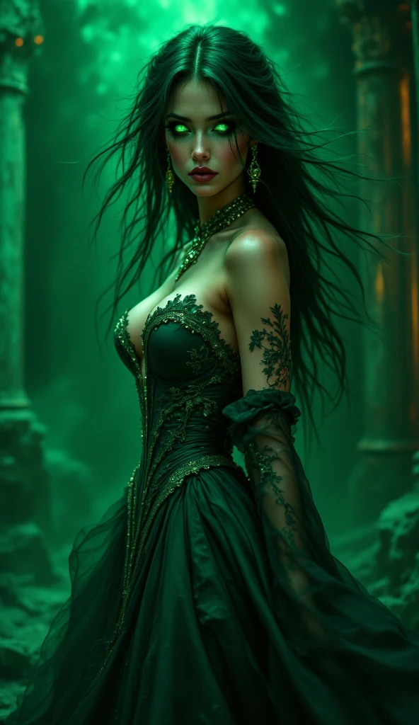 A vampire A woman with long hair and green eyes dressed in a dark green dress 3D