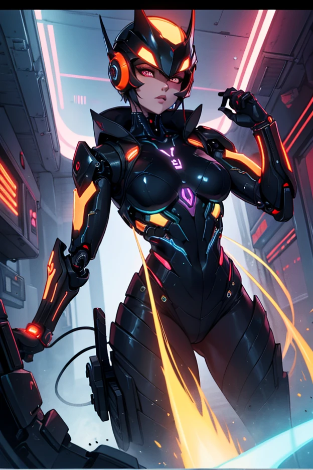 ((Best quality)), ((masterpiece)), (detailed: 1.4), ((bold)), Robot pilot woman muscular body defined, Neon evangelion style, half thick naked thighs, closed mouth, only panties, muscular body parts covered by technological clothing, (((medium breasts)) perfect, generous neckline, ((black outfit with orange details)), Holland, pastel, (((mechanical arm))), airplane wings on the back, dark brown straight hair with straight bangs on the forehead, short underwear, garter belt, by mucha, niji --V5, close to real, best quality, almost naked, psychopath, crazy face, sexy pose, psychedelic background, 2 piece clothing, Holland symbol designs, cyberpunk, dark blue bra with a rampant lion, pointed shoulder pads, blue eyes without pupils, HDR (High Dynamic Range),Ray Tracing,NVIDIA RTX,Super-Resolution,Unreal 5, Subsurface Dispersion, PBR Texture, Post-processing, Anisotropic Filtering, Depth of Field, Maximum Clarity and Sharpness, Multilayer Textures, Albedo and Specular Maps, Surface Shading, Accurate Simulation of Light-Material Interaction, Perfect Proportions, Octane Render, Two-Tone Lighting, Wide Aperture, Low ISO, White Balance, Rule of Thirds, 8K RAW, Crysisnanosuit
