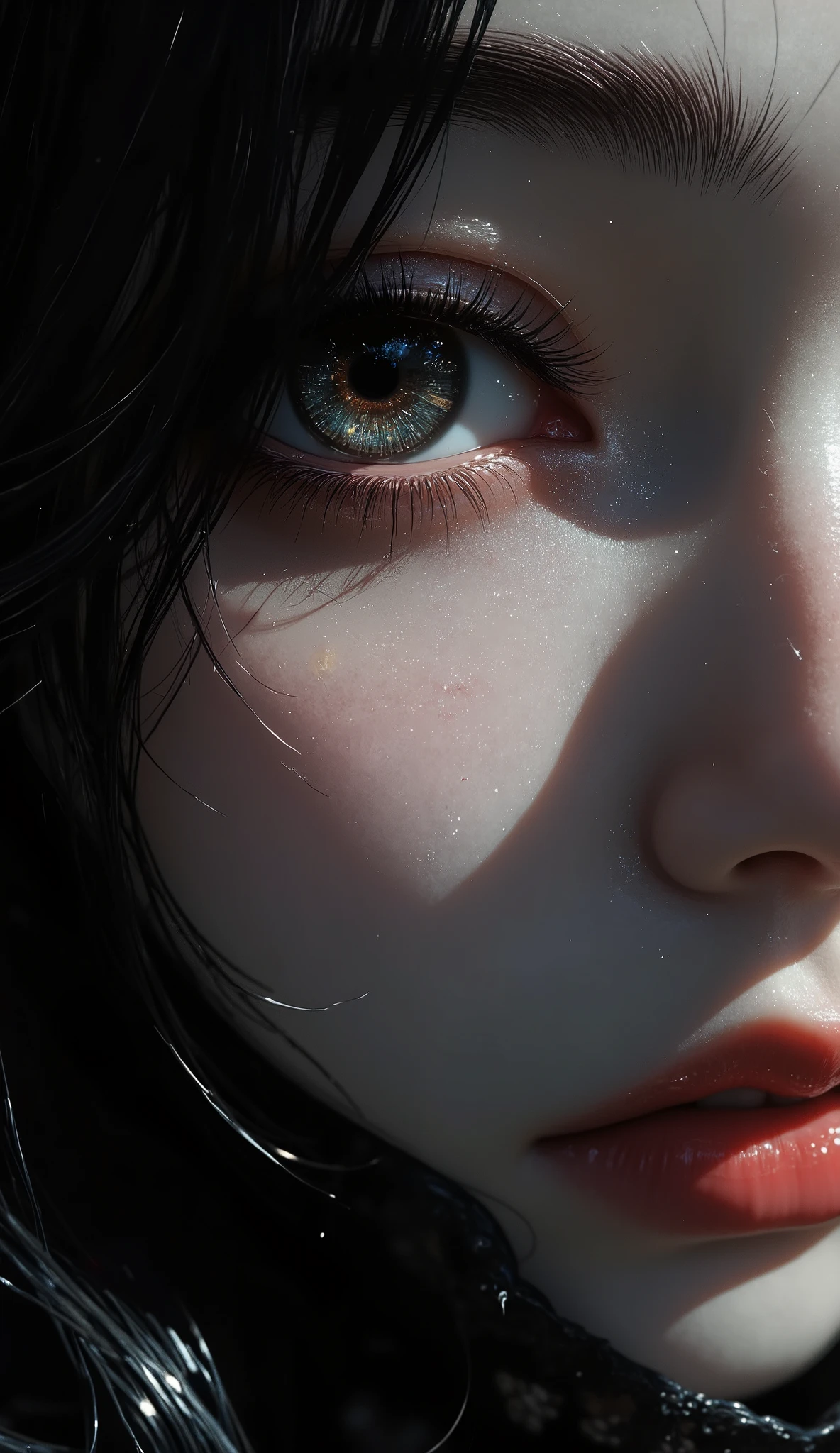  [Style: - "8k, masterpiece, realistic, Photorealistic, realism"] (Key Directive: - "The priority is the anatomical accuracy and texture of the materials" - "Ultra-sharp human eyes with biological accuracy") {Character: "Asian woman (sleek silhouette)" | "Eyes: (acid-resistant terminology) (macro-details:1.5): * Moist corneal surface (visible aqueous layer:1.2) * Hyper-detailed iris stroma ((black) with white flecks) * Precise limbal ring (slightly darker pigmentation:1.1) Pupil micro-texture (irregular edge authenticity:0.9)" Face: "full lips, red lipstick, intense gaze" | Hair: "short black hair" | Pose: "elegant pose" Outfit: [Top: "black turtleneck (sheer mesh, floral lace pattern) high fashion"] Environment: "minimalist background" Lighting: "studio lighting, monochromatic, striking contrast, dramatic shadows" (Render Engine: "Unreal Engine 5 path tracing, 16K texture maps") } 