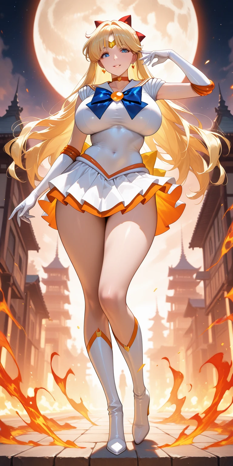 Portrait a qiyana ( standing on beach: 1.2) , oversized breasts , cheerleader, smile , open mouth , white hair , orange eyes , masterpiece, black outfit , (top quality: 1.2) ,