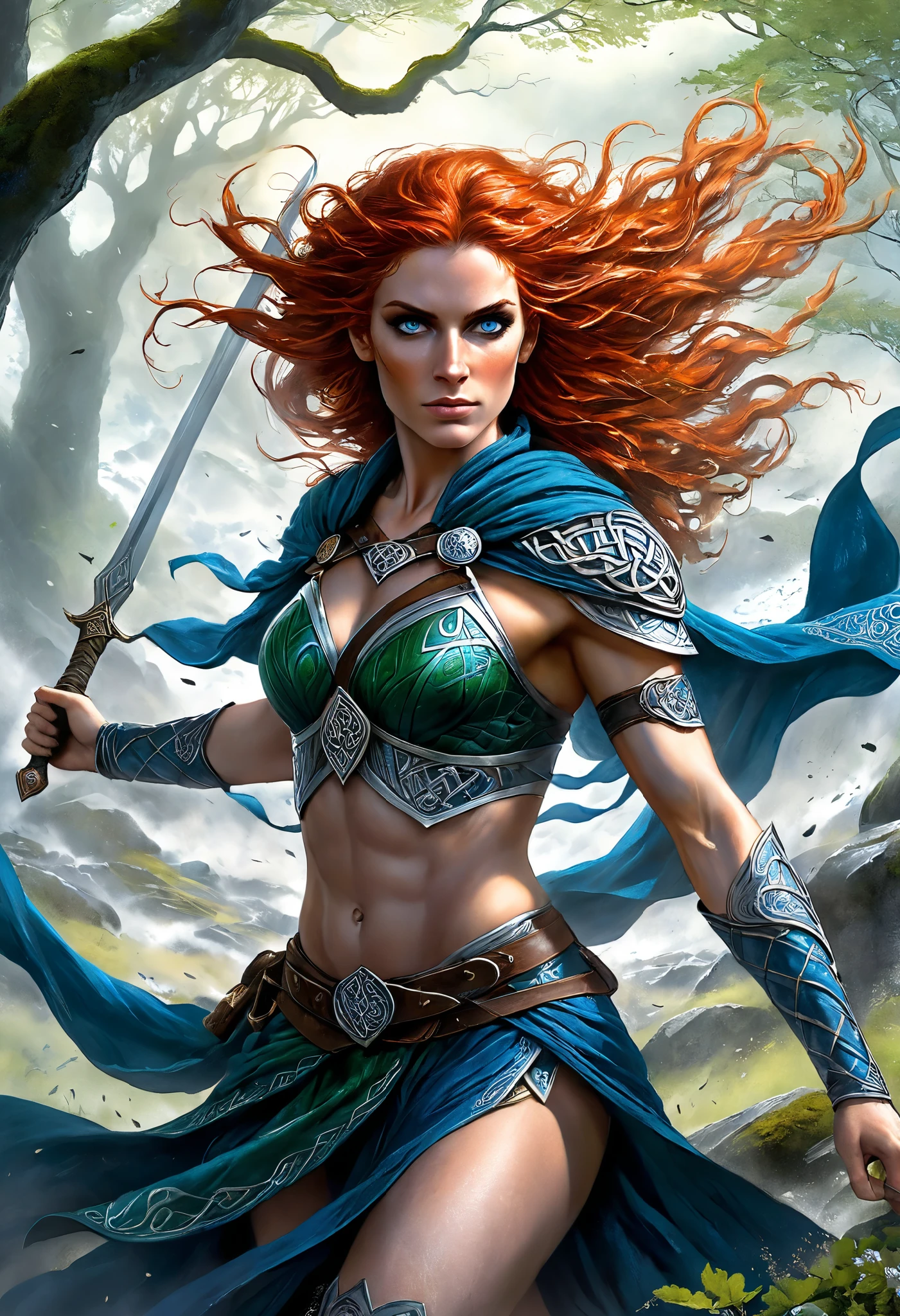 A vibrant, expressive rough color pencil sketch of a fearless female Celtic warrior, her muscular physique and fierce determination accentuated by swirling, ultramarine blue woad patterns that dance across her skin in intricate, whorling motifs. Her unkempt, fiery red hair is wild and tousled, with strands flying outward from her face like wind-tossed flames, while his flowing, emerald green cloak billows behind she, its folds and creases captured with bold, energetic pencil marks that evoke a sense of dynamic movement. Her broadsword, adorned with subtle, golden filigree, glints with sharp, dynamic strokes, its blade seeming to shimmer with a fierce, inner light, and his round shield, emblazoned with a silver Celtic knot, appears sturdy and unyielding. The subtle, rough texture of the paper enhances the raw, visceral feel of the piece, while the misty, stone-strewn battlefield in the background, with its scattered, moss-covered boulders and eerily twisted, ancient trees, heightens the sense of untamed, mystical defiance.