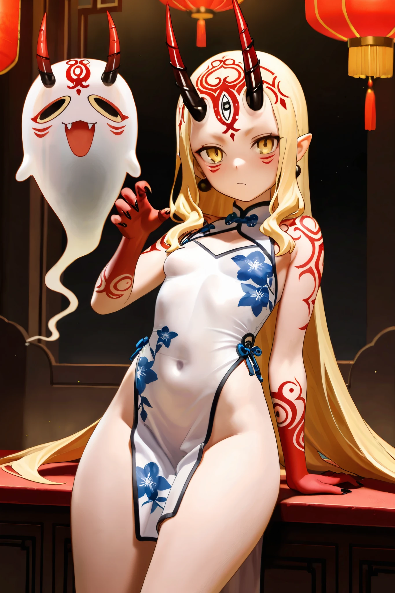 nsfw,Yukari Yakumo, Flat chested, Flat Chest,chic, Blonde, Mob Cap, shrine, Long Hair, naked, at night
