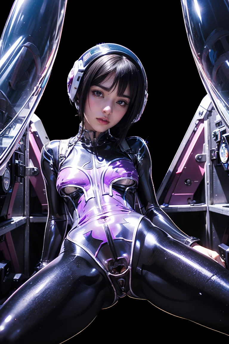 top-quality, masterpiece, 超A high resolution, (Photorealsitic:1.4), Raw photo, portlate, Mechanical arm, Photos where the lower half of the body is not visible, 1人, japanes, 13years, (Embarrassed look:1.4), Angle from the side, Black short-cut hair, glowy skin, (Super huge), (erectile nipple), (Metal clip for locking :1.4), (A thin chain that winds the bust and lifts it from below,), (fullnude:1.2), (Thick Clear Plastic Micro Bikini)、(Egg-sized metal machine that landed in the crotch:1.4), wet floor, Thin pubic hair, ((super realistic details)), globalillumination, Shadow, octan render, in 8K, ultrasharp, (Full body gloss transparent latex skin:1.4), Metallic Gloss Silver Plated Metal, (No cloth at all:1.4), Realistic light, a purple eye, radiant eyes, neon details, aluminummechanicallimb, Metal rings with chains on both wrists, Arms suspended from the ceiling with chains,:1.4, Squatting figure with closed legs:1.3, Arms above the head, (Exposed raw skin buttocks), (A transparent tube is stuck in the buttocks), Lots of cables on the floor, Small LED lamp, Reflectivity 100%Mirror floor, 100%mirror walls, Purple pale lighting, 2 limbs each,