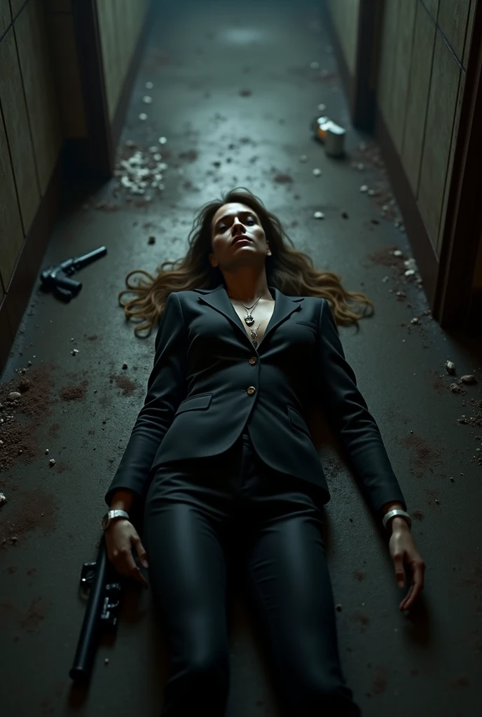 ultra realistic, photography, long black straight hair in a ponytail, elegant hair, (30 years old, hazel eyes, hourglass figure, perfect fit body, natural big breasts), femme fatale, long eyelashes, cat-eye make-up, she is dressed like a NYPD detective, under her trenchcoat her shirt is buttoned up, she has a badge on the trenchcoat, she is wearing elegant pants and high heels, she is at a homicide scene in an apartment, she is kneeling next to puddle of blood on the floor, there is a bloody arm laying on the floor in the puddle, she has a notepad in her hand and is taking notes, she is looking at the notes in her notebook, full body picture, wide angle