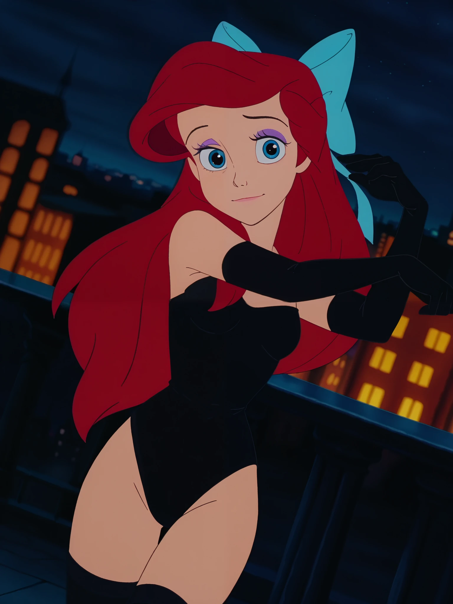 (anime screencap:1.2), blurry background, 1girl, (ArielXL:1.1), long hair, red hair, blue eyes, hair bow, black long gloves, black leotard, black thigh high bootanaughty face, dutch angle, cute pose, light smile, looking at viewer, night, cowboy shot, full body, city, purple eyeshadow