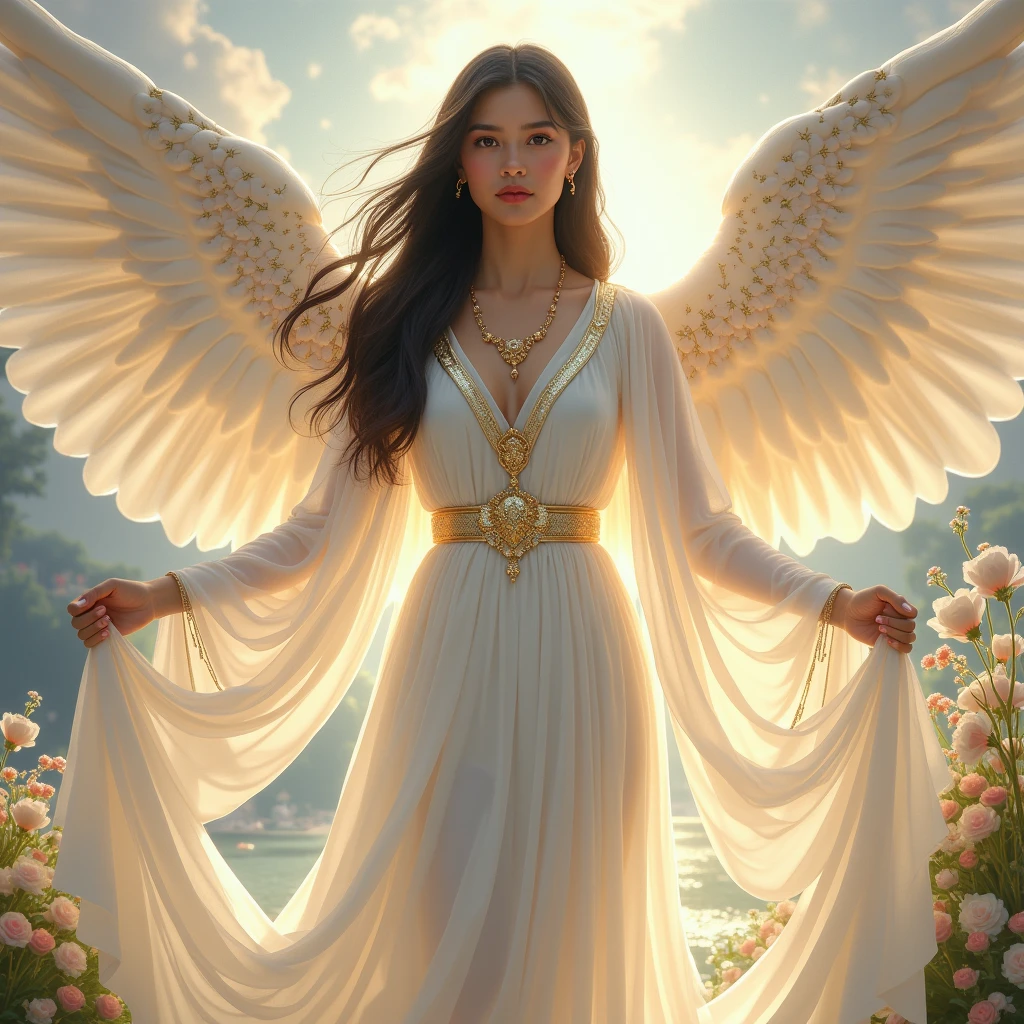 a young woman with black hair wearing a long white dress with golden ornaments and a golden crown with aura and rainbow wings on her back