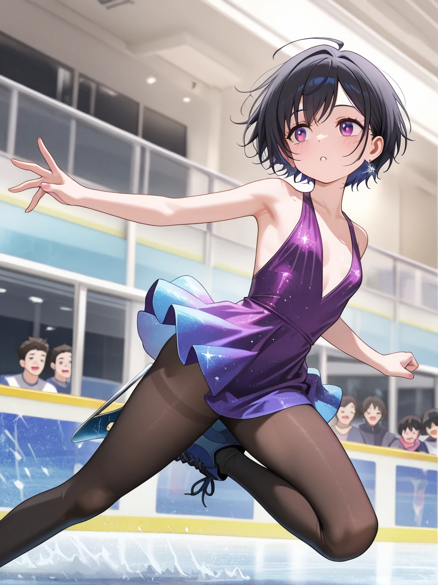 Standing with one leg raised high、No panties、 genitals are showing through、Glossy pure white rhythmic gymnastics leotard、sexy pose、no-bra、huge tit、Shiny black long hair、Shameful、Rhythmic gymnastics arena