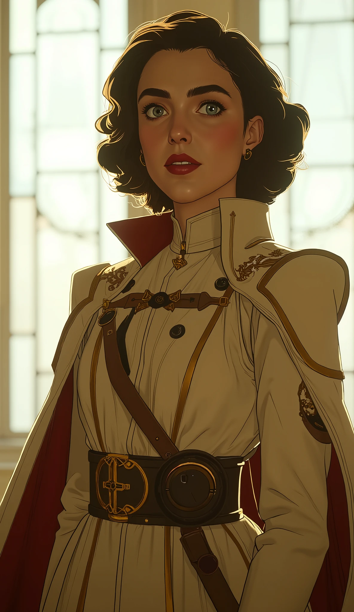 professional photo of Margaret Qualley as an empire administratum noblewoman, marqual, ulrika, perfect eyes, wearing white an red noble clothing, upper body shot low lighting, moody, large depth of field, warhammer 40k, deep depth of field, highly detailed, plain white background, (bright, good lighting, bright frontal light), three quarter shot, frontal image, standing in brightly lit gothic style office, looking to right, (upper body portrait), si-fi communication device on belt and lasgun on hip, ((soft light illuminating face)), d13s3lp2nk