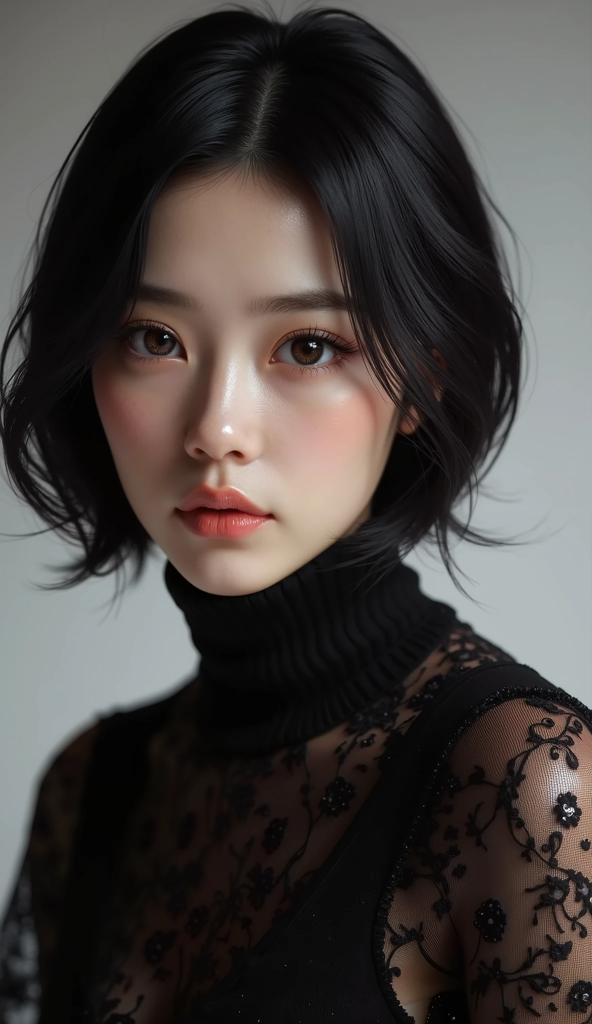  [Style: - "8k, masterpiece, realistic, Photorealistic, realism"] (Key Directive: - "The priority is the anatomical accuracy and texture of the materials" - "Ultra-sharp human eyes with biological accuracy") {Character: "Asian woman (sleek silhouette)" | "Eyes: (acid-resistant terminology) (macro-details:1.5): * Moist corneal surface (visible aqueous layer:1.2) * Hyper-detailed iris stroma ((dark) with stars from the milky way galaxy) * Precise limbal ring (slightly darker pigmentation:1.1) Pupil micro-texture (irregular edge authenticity:0.9)" Face: "full lips, red lipstick, intense gaze" | Hair: "short black hair" | Pose: "elegant pose" Outfit: [Top: "black turtleneck (sheer mesh, floral lace pattern) high fashion"] Environment: "minimalist background" Lighting: "studio lighting, monochromatic, striking contrast, dramatic shadows" (Render Engine: "Unreal Engine 5 path tracing, 16K texture maps") } 