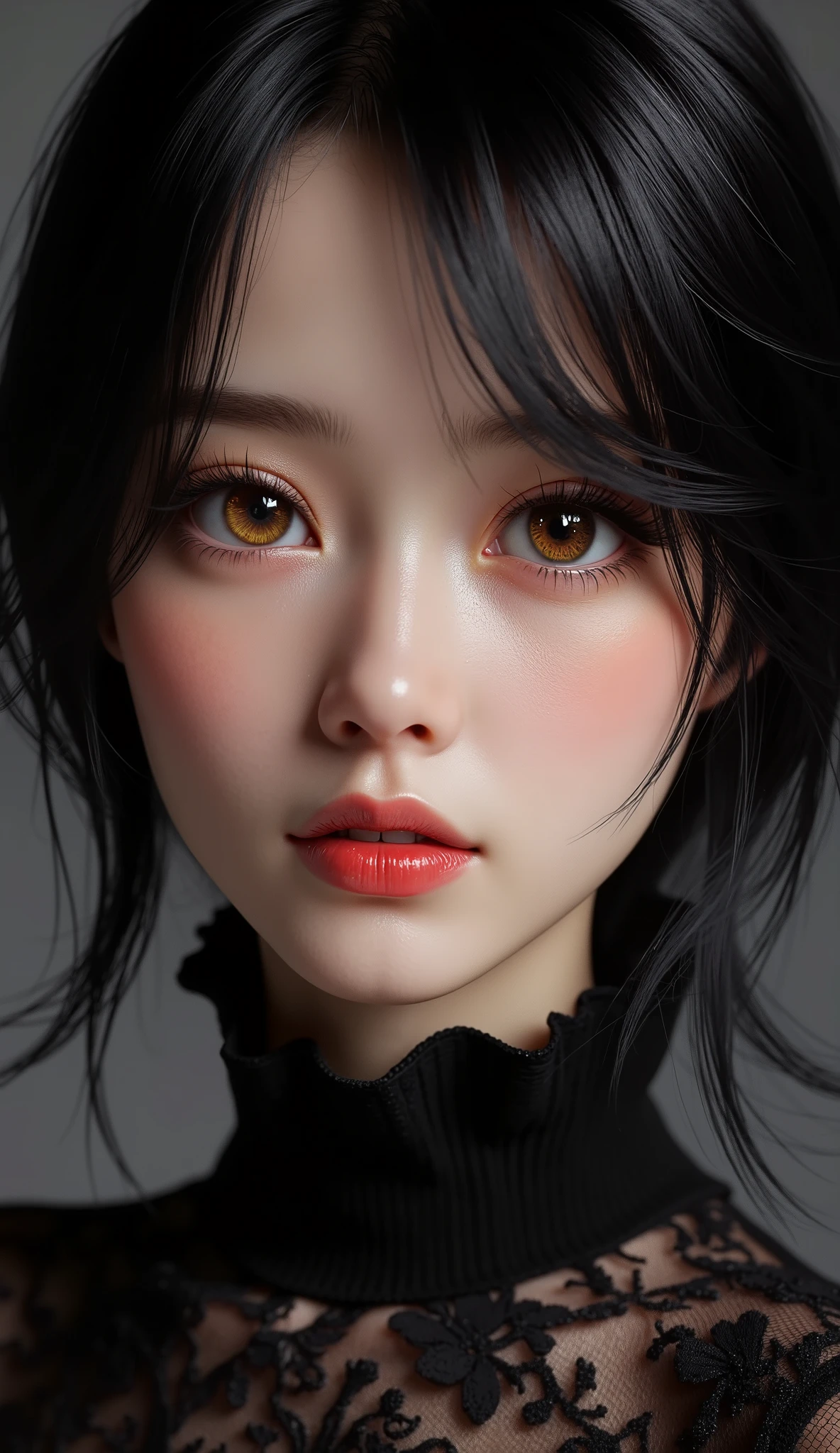  [Style: - "8k, masterpiece, realistic, Photorealistic, realism"] (Key Directive: - "The priority is the anatomical accuracy and texture of the materials" - "Ultra-sharp human eyes with biological accuracy") {Character: "Asian woman (sleek silhouette)" | "Eyes: (acid-resistant terminology) (macro-details:1.5): * Moist corneal surface (visible aqueous layer:1.2) * Hyper-detailed iris stroma ((dark) with stars from the milky way galaxy) * Precise limbal ring (slightly darker pigmentation:1.1) Pupil micro-texture (irregular edge authenticity:0.9)" Face: "full lips, red lipstick, intense gaze" | Hair: "short black hair" | Pose: "elegant pose" Outfit: [Top: "black turtleneck (sheer mesh, floral lace pattern) high fashion"] Environment: "minimalist background" Lighting: "studio lighting, monochromatic, striking contrast, dramatic shadows" (Render Engine: "Unreal Engine 5 path tracing, 16K texture maps") } 