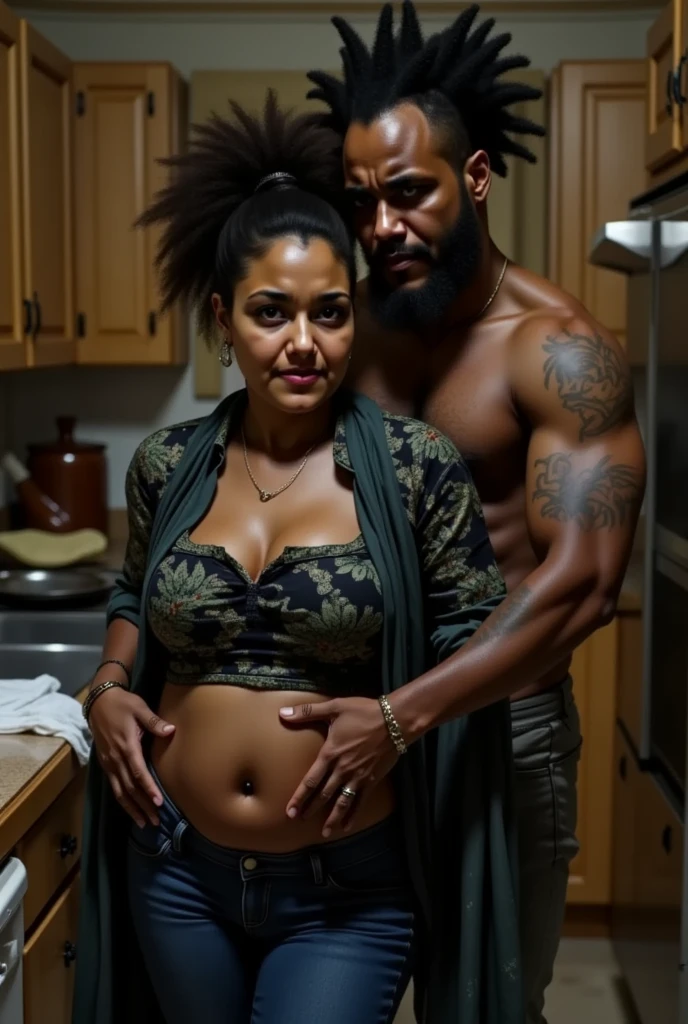 (photorealism:1.2), Beautiful Dark Skinned young Pregnant Woman, Standing Nude in Kitchen and Kissing a Old Man, Dim light in the room.