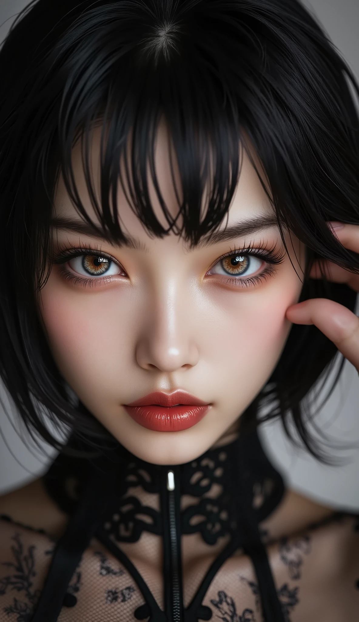  [Style: - "8k, masterpiece, realistic, Photorealistic, realism"] (Key Directive: - "The priority is the anatomical accuracy and texture of the materials" - "Ultra-sharp human eyes with biological accuracy") {Character: "Asian woman (sleek silhouette)" | "Eyes: (acid-resistant terminology) (macro-details:1.5): * Moist corneal surface (visible aqueous layer:1.2) * Hyper-detailed iris stroma ((dark) with stars from the milky way galaxy) * Precise limbal ring (slightly darker pigmentation:1.1) Pupil micro-texture (irregular edge authenticity:0.9)" Face: "full lips, red lipstick, intense gaze" | Hair: "short black hair" | Pose: "elegant pose" Outfit: [Top: "black turtleneck (sheer mesh, floral lace pattern) high fashion"] Environment: "minimalist background" Lighting: "studio lighting, monochromatic, striking contrast, dramatic shadows" (Render Engine: "Unreal Engine 5 path tracing, 16K texture maps") } 