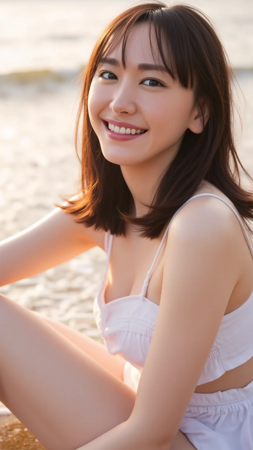 Real、Women's 1、hot pants、spread legs、camisole、clear、I have bangs.、Age 25、Mature、Medium Breast、sex appeal、Glowing Skin、((Highest quality, In 8K, masterpiece:1.3)), smile、Tight clothing、Brown haired、(Blunt bangs:1.2)、、Maintain the original face proportions、Broad shoulders、Brown haired、Floating Hair、Lips、lipstick、誘惑的なsmile、Perm Hair、Floating Hair、Beach、Bright sunshine,Refreshing sky