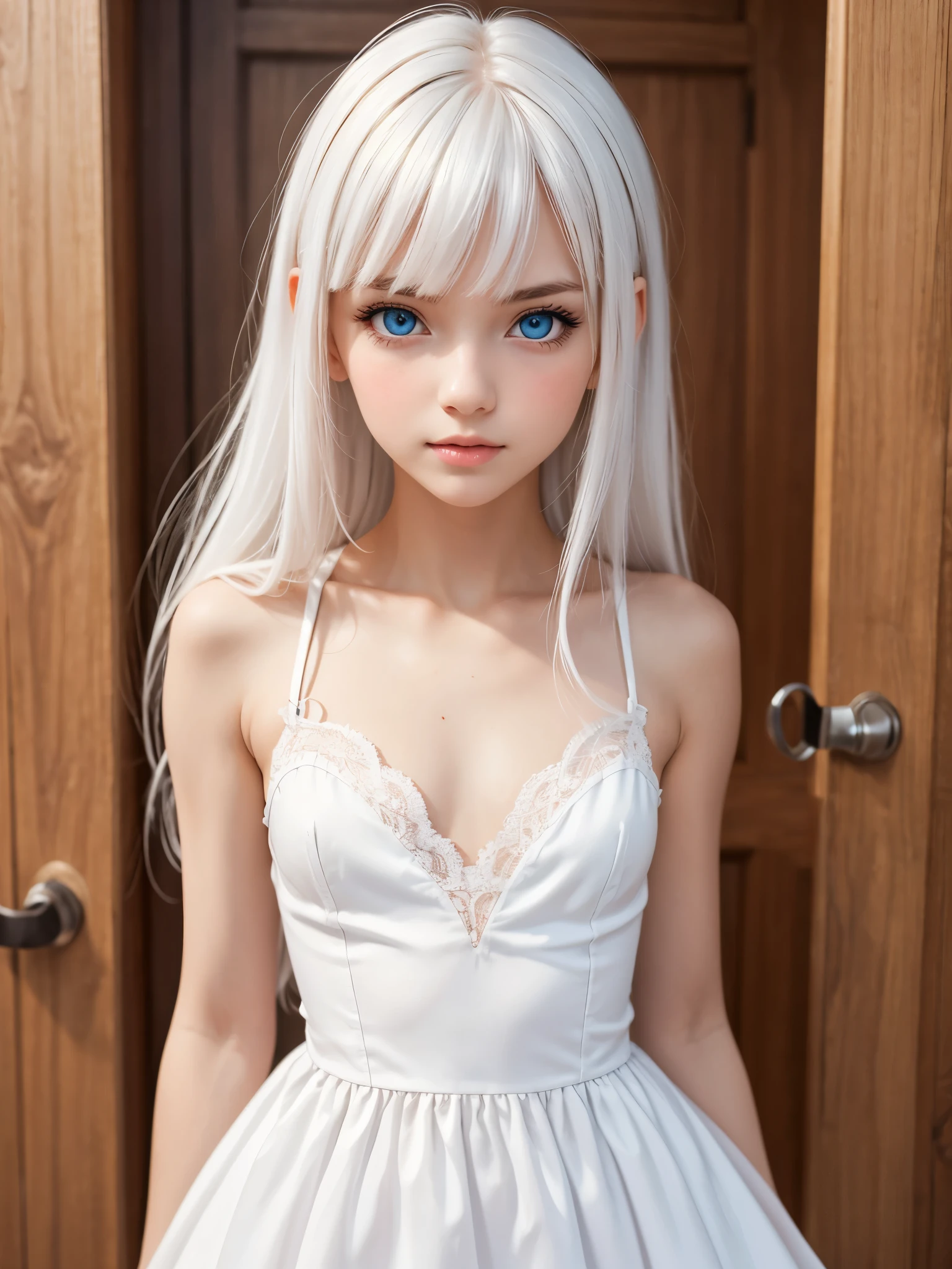 (best quality), 1girl, female, pale skin, white hair, long hair, swept bangs, straight hair, blue eyes, perfect eyes, ta dress, petite, skinny body, flat chest, blush, masterpiece, anatomically correct, highres