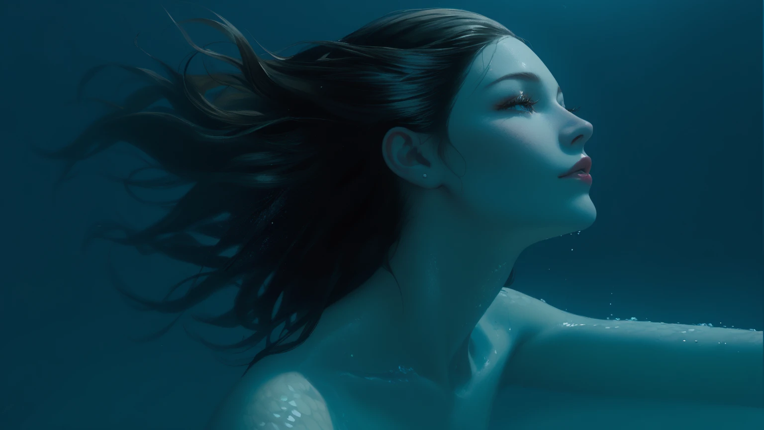Painting of a woman underwater, immersed, portrait of a woman underwater, oil painting a bigger splash, Oil on canvas detailed, floating under water, underwater face, acrylic and oil painting, emerging from the water, submerged in water, Surreal oil on canvas, by Whitney Sherman, mystical oil on linen, author：Maria of Ostwejk, underwater view