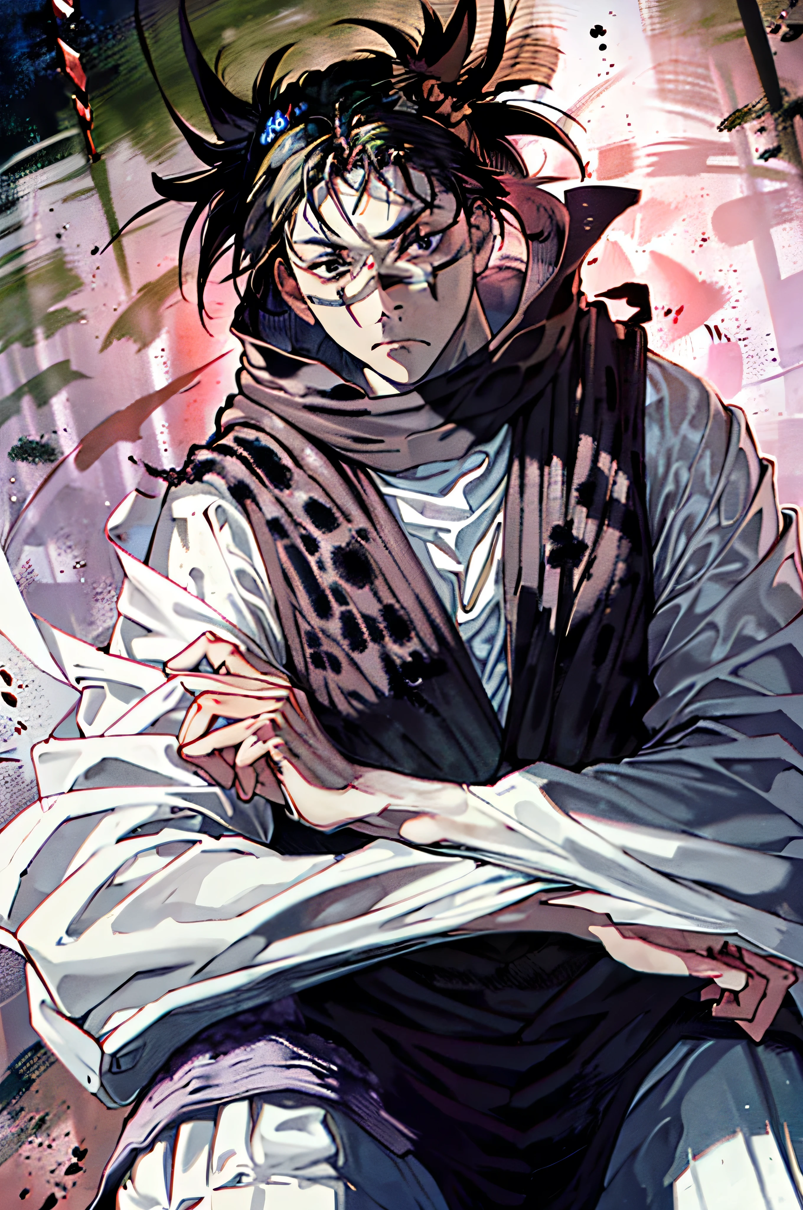 Choso from the jujutsu kaizen anime, serious expression, realistic appearance ,detailed face and distinctive facial features, dynamic posture and action, Dark Fantasy Environment, dramatic lighting effects and shadows, medieval peasant style,visible brushstrokes , dark and mystical color palette,precise textural details and materials,resolution 8k,Maximum quality,professional photography