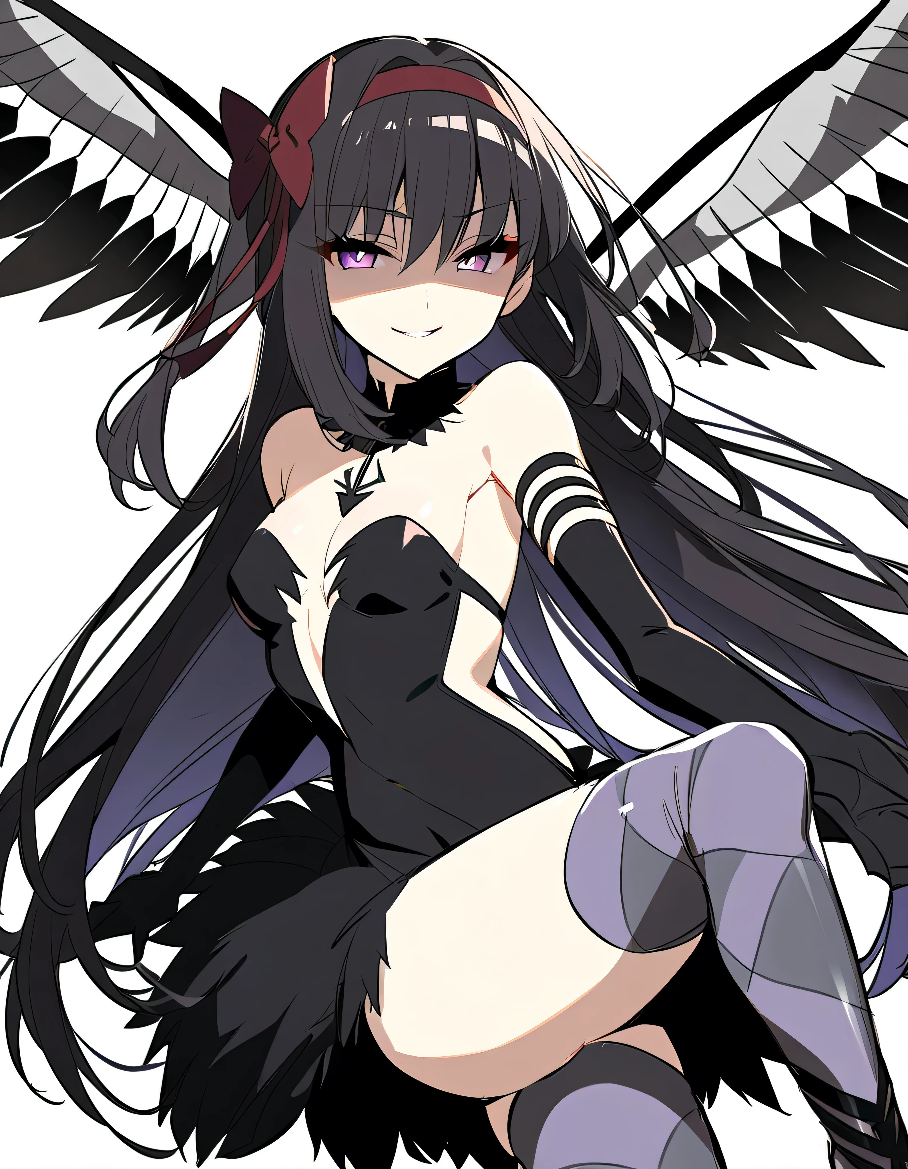 1girl, akuma homura, solo, long hair, wings, gloves, elbow gloves, black hair, smile, purple eyes, thighhighs, black gloves, argyle legwear, argyle, bare shoulders, looking at viewer, dress, soul gem, hair bow, bow, choker, feathered wings, white background, zettai ryouiki, simple background, black wings, masterpiece, best quality, late, evil smile,shaded face(eyes in shadow),latex