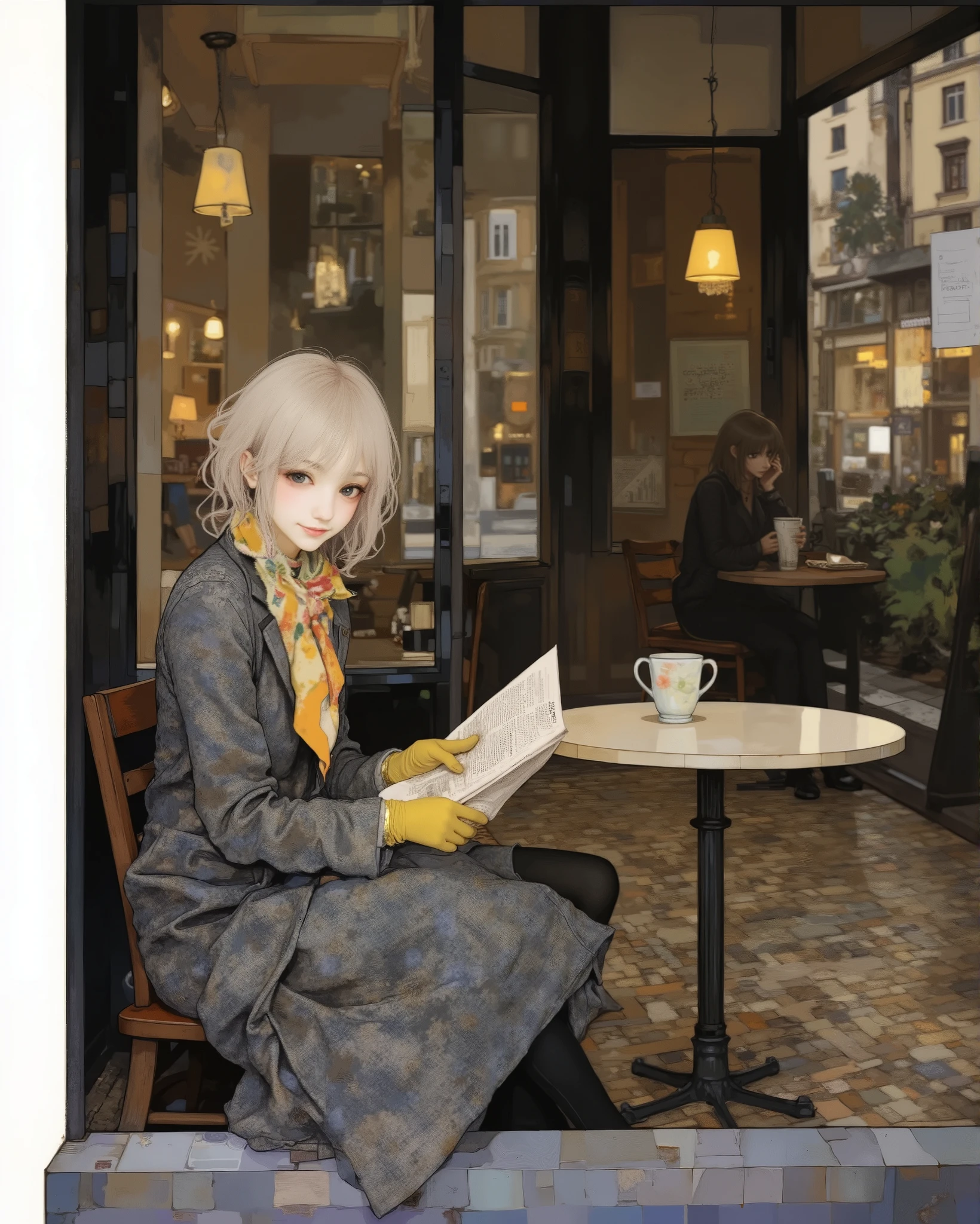 View from the sidewalk from the street through the window.Outside the window, a woman with short tousled blond hair is seen sitting half-turned by the window and reading a newspaper. A thoughtful look into the distance, through the glass.A large grey speckled tweed coat with a high collar and wide cuffs. She wears a bright silk handkerchief around her neck. She's wearing bright yellow leather gloves. The scenery is a blurred and reflected urban landscape, which may be visible from the cafe window. The overall aesthetic is warm and autumnal, with a timeless elegance. The colors are muted with an emphasis on browns, grays, and yellows. Soft lighting and low depth of field. Digital art, Classic, Vintage, High detail.