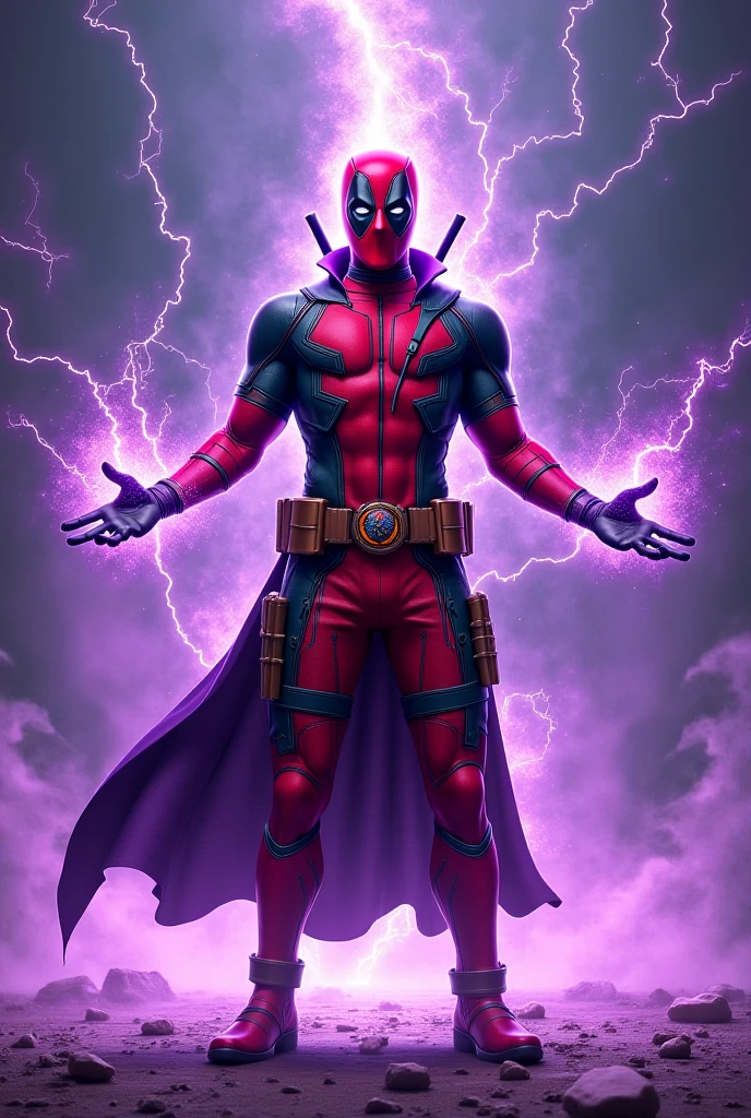 A hyperrealistic, anime-inspired fusion of Static Shock and Deadpool, standing on a rooftop overlooking a futuristic metropolis. The character should have a sleek, black and red suit with glowing white eyes. One hand is extended, generating a powerful lightning bolt, while the other holds a katana dripping with electricity. The background should be a blend of neon lights and dark, stormy clouds. Ultra-detailed, cinematic lighting, dynamic pose.